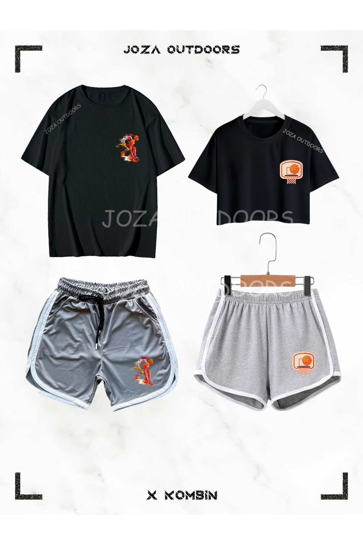 Joza Outdoors Kadın Erkek Basket Topu Basket Potası Baskılı Sevgili Çift Kombini Oversize Tshirt Şort 4lü Set