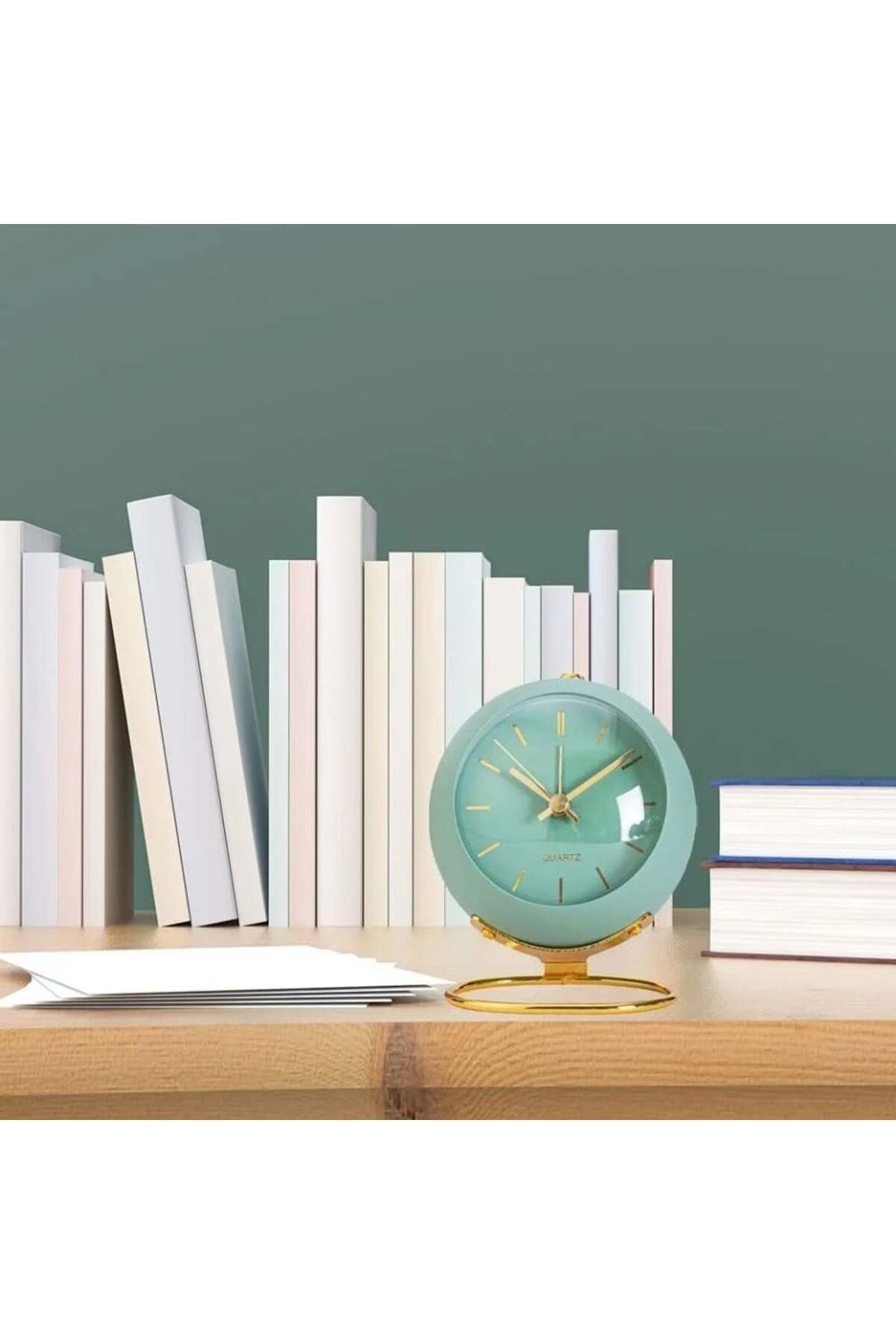 Clock-Ceas deșteptător analogic de lux, design clasic din metal, funcție silențioasă cu lumină de noapte, verde/auriu 5