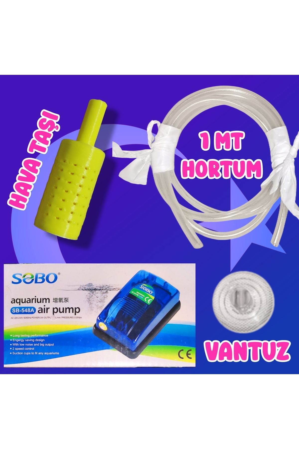 Akvaryum Hava Taşı Motor Hortum Vantuz Seti ( Sarı ) Küçük Akvaryum ve Büyük Akvaryum Uygun