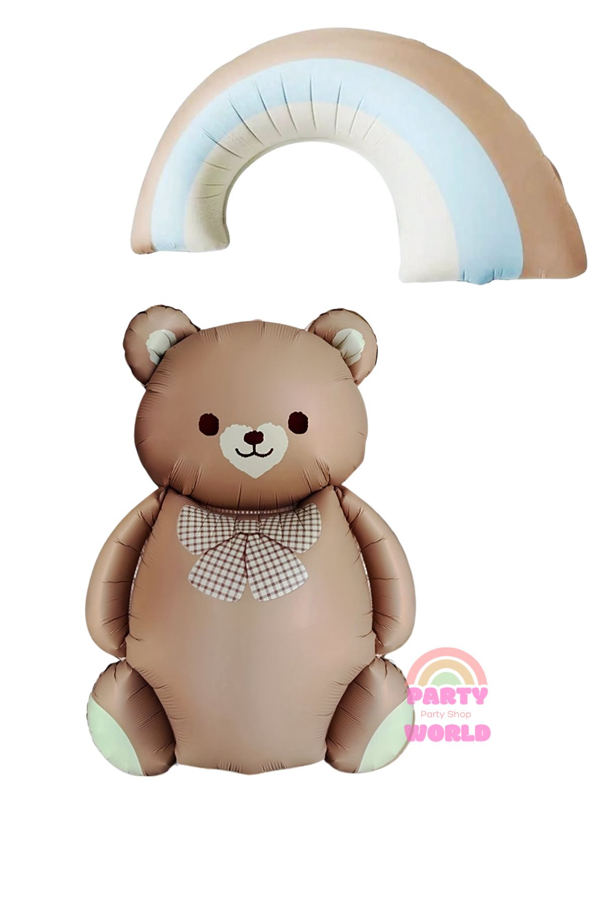 party world Retro Mavi Gökkuşağı & Papyonlu Ayıcık Folyo Balon Seti – 2’li Parti Balonu