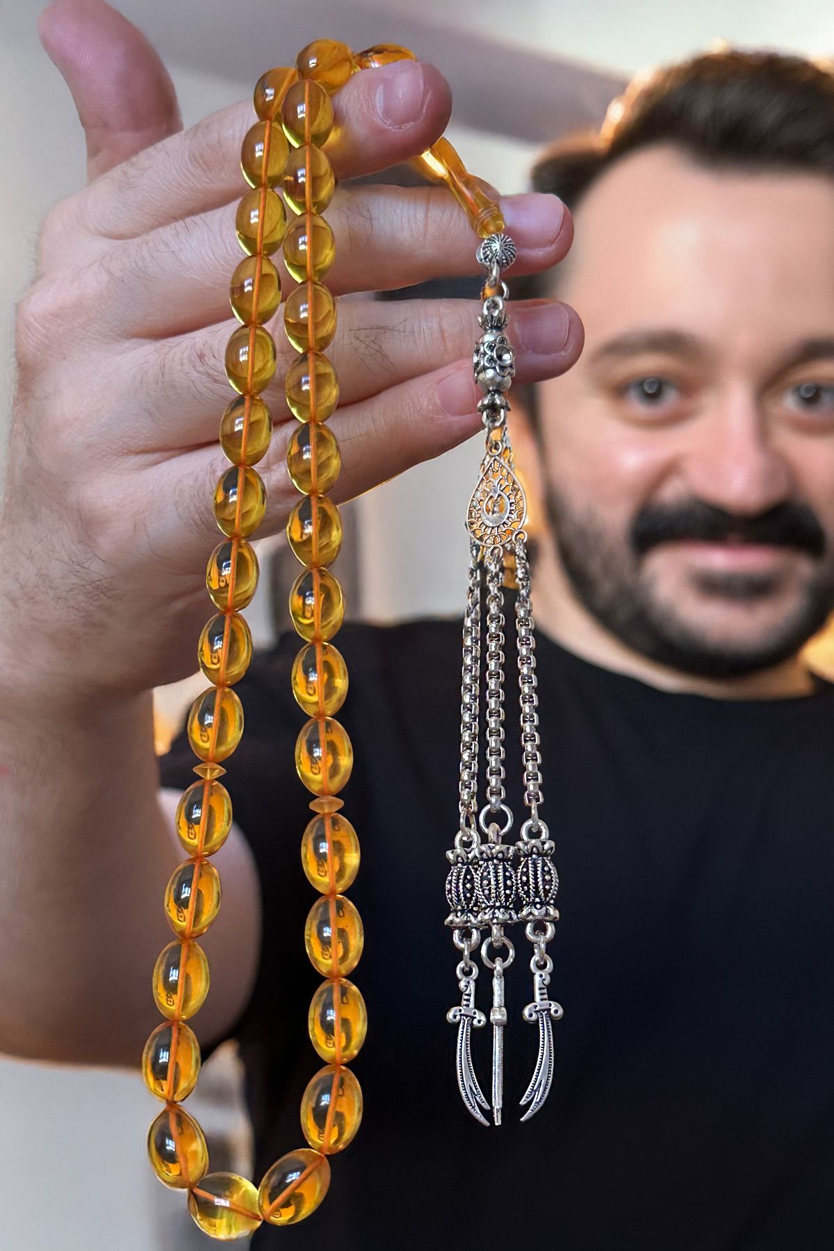 Silmaril Store Özel Tasarım! Zülfikar Motifli Blok Zar Kehribar Tespih – Koleksiyonluk Parça