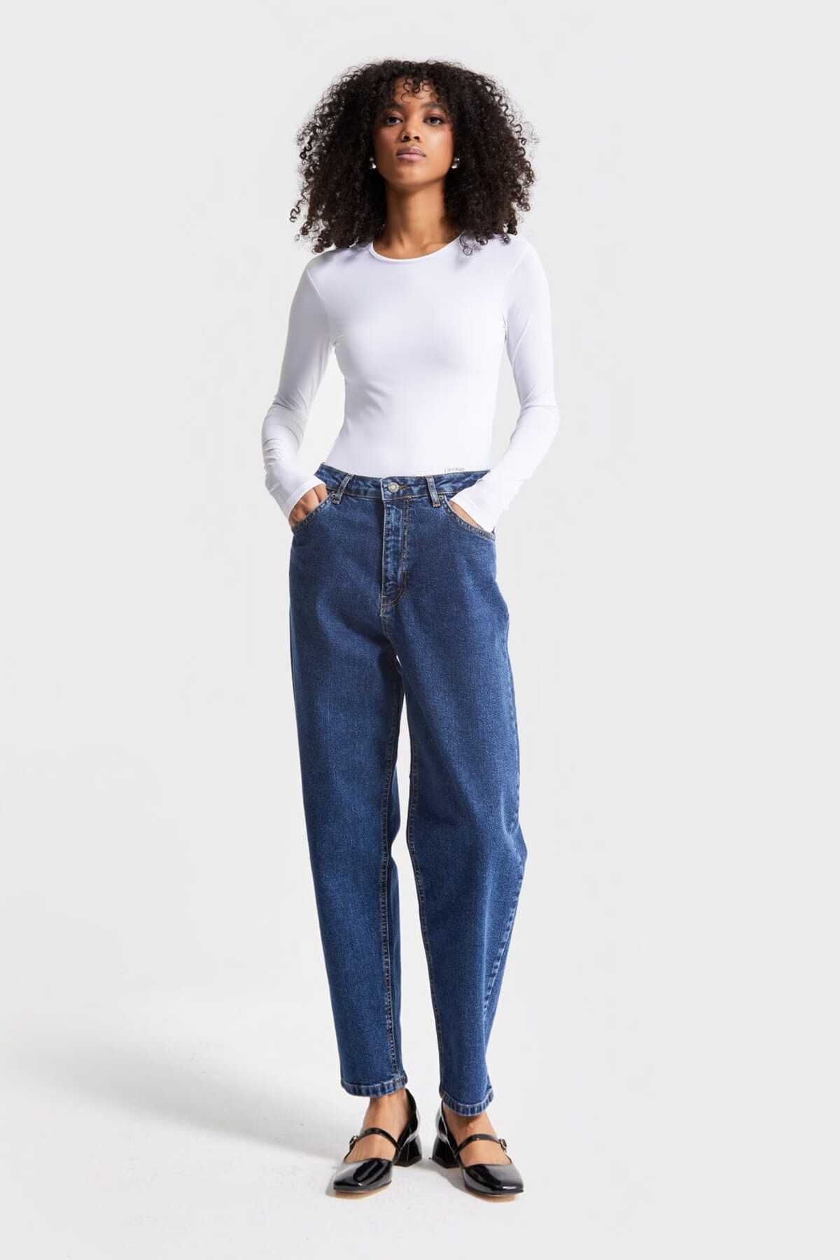 RODEZ Mavi Likralı Kumaş Mom Fit Denim Pantolon