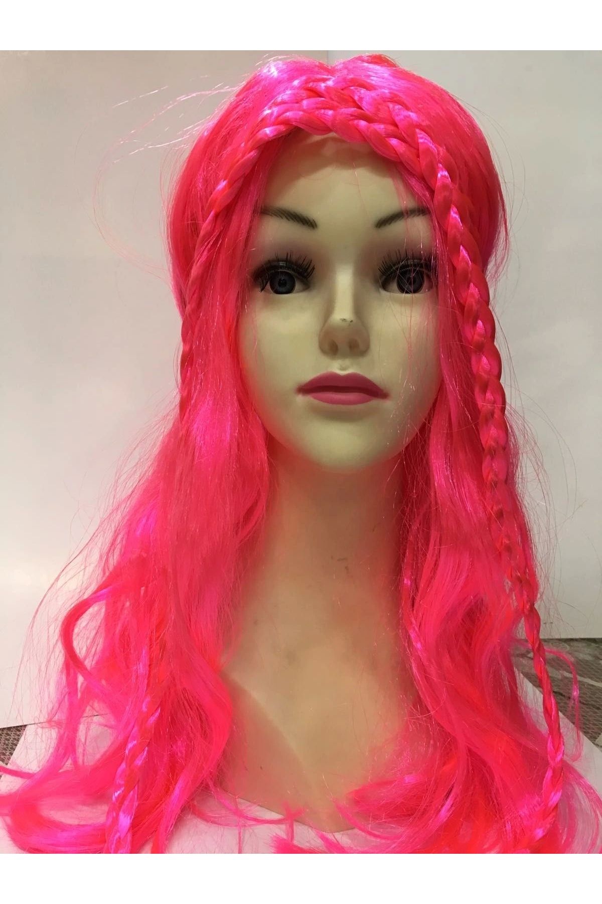 OurStyles Neon Pembe Renk Örgülü Helen Karakter Peruğu Takma Saç