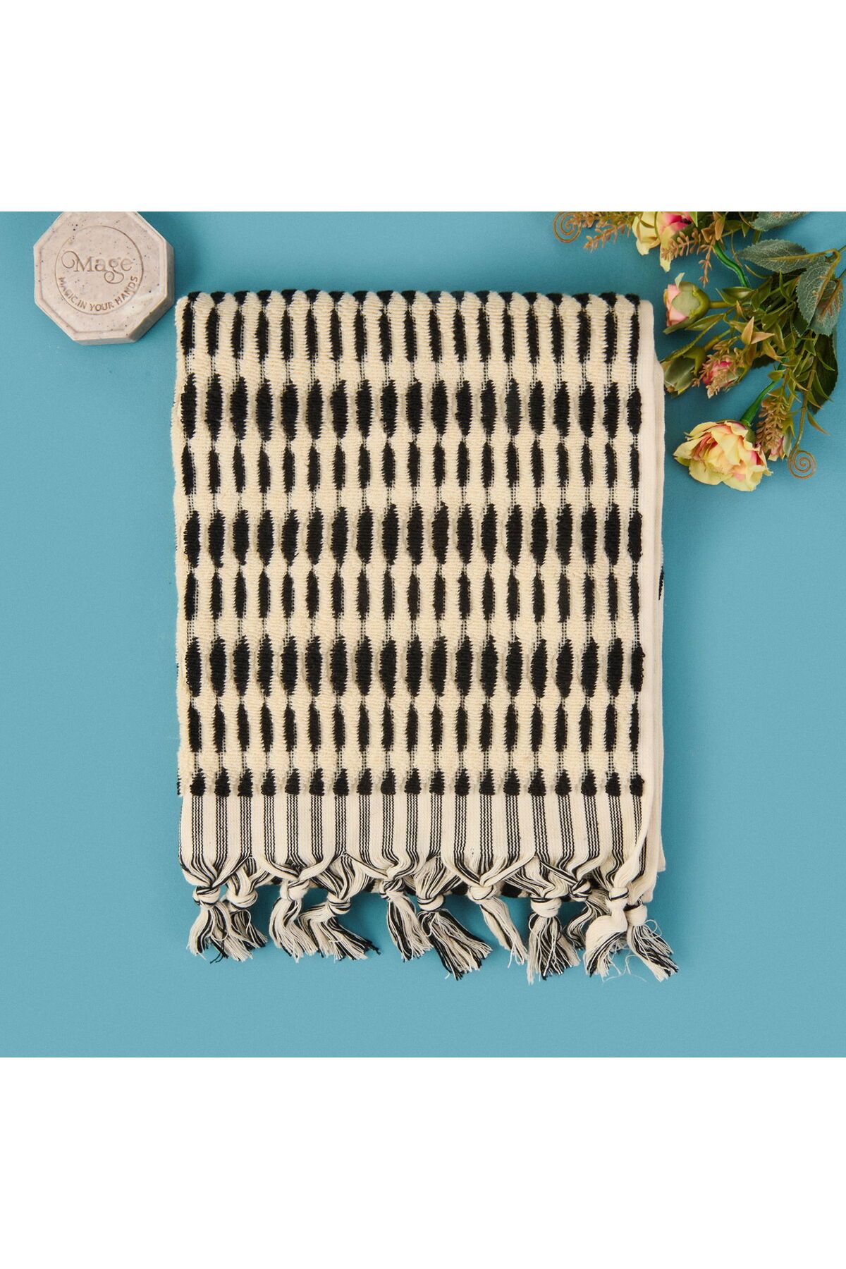 ASPARTAM Soft Greta Yüz Havlusu - Ekru / Siyah - 50x90 cm