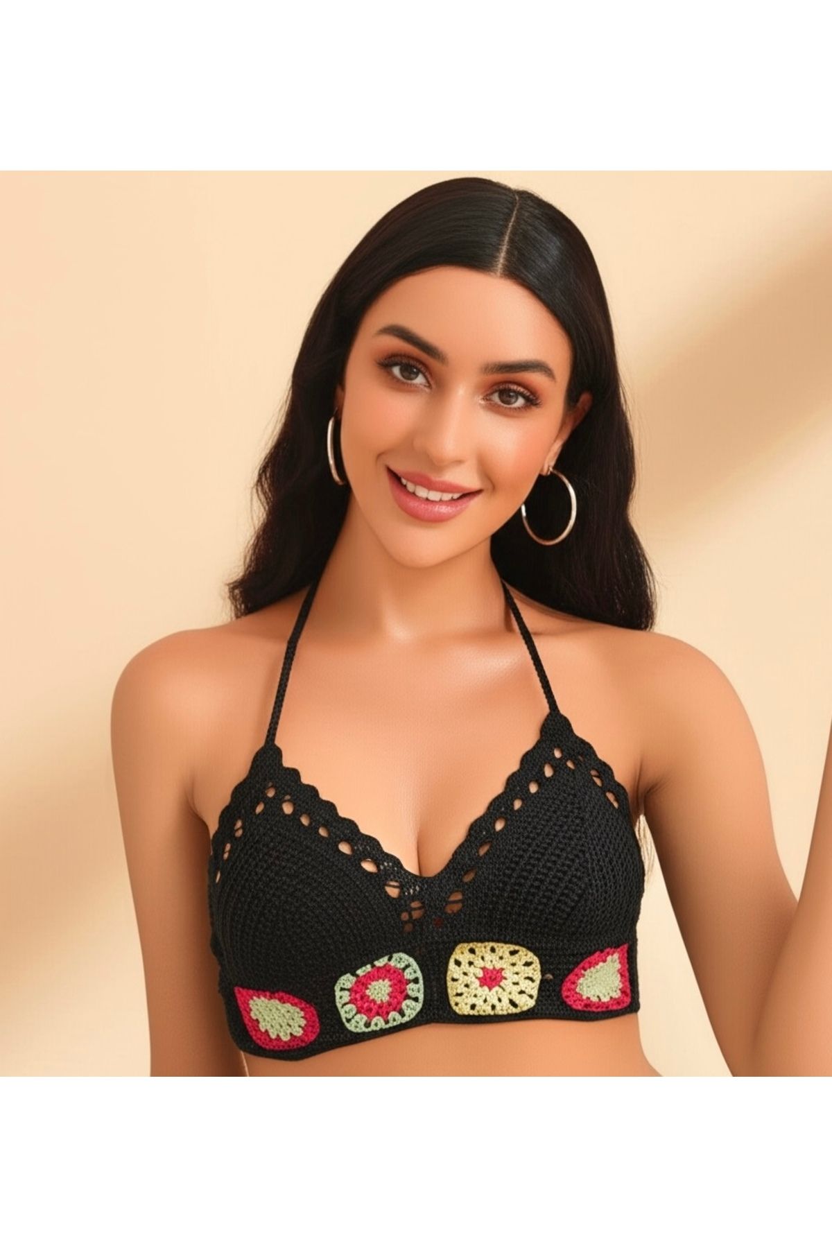 RUYAZ Siyah Örgü Bikini Üstü El Yapımı Bohem Bralet Renkli Yazlık Crop Halter Model
