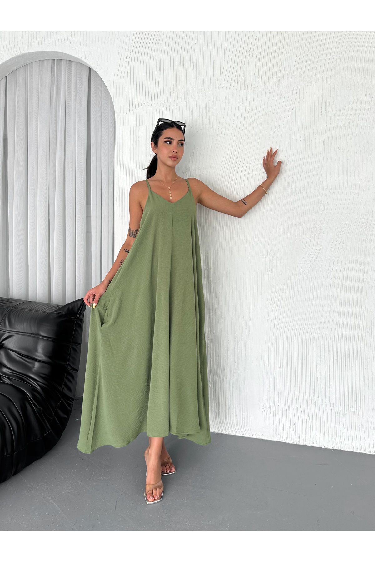 SBL COLLECTİON Askılı Uzun Yandan Cepli Kadın Elbise