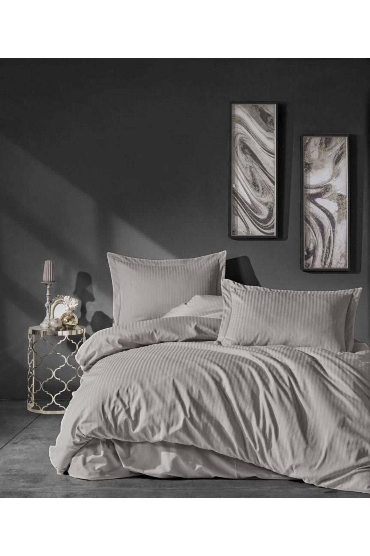 MT29 GİYİM Cotton Box Çift Kişilik Saten Nevresim Takımı Elegante Stripe Bej