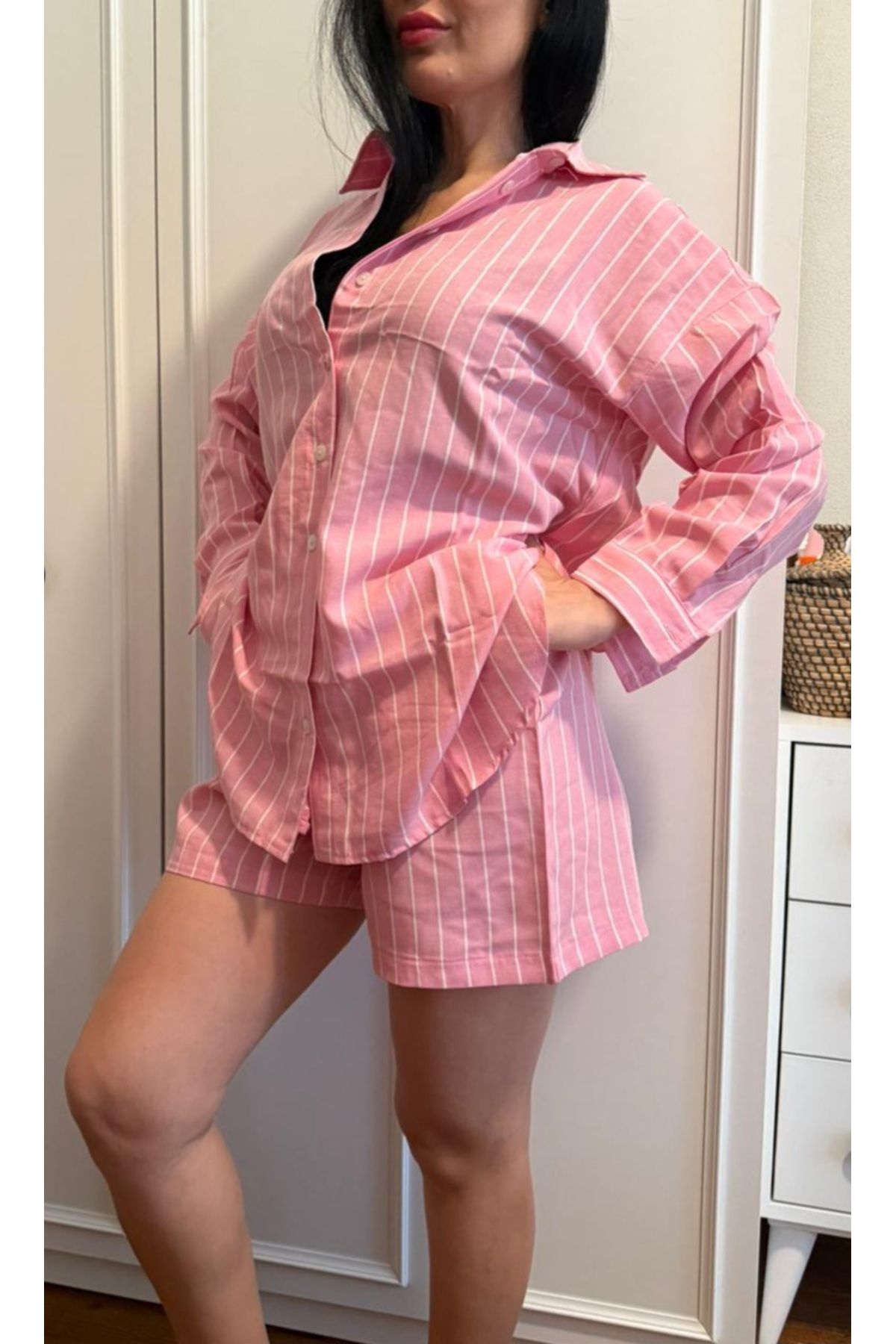 Lovely butik KADIN PAMUKLU GÖMLEK ŞORT ÇİZGİLİ TAKIM