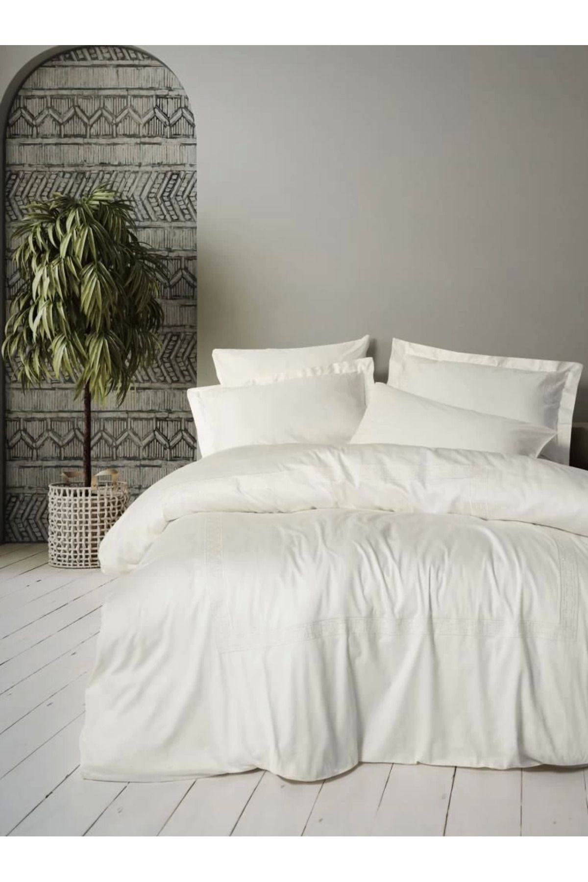 MT29 GİYİM Cotton Box Brode Nakışlı Çift Kişilik Saten Nevresim Takımı Luxe Ekru