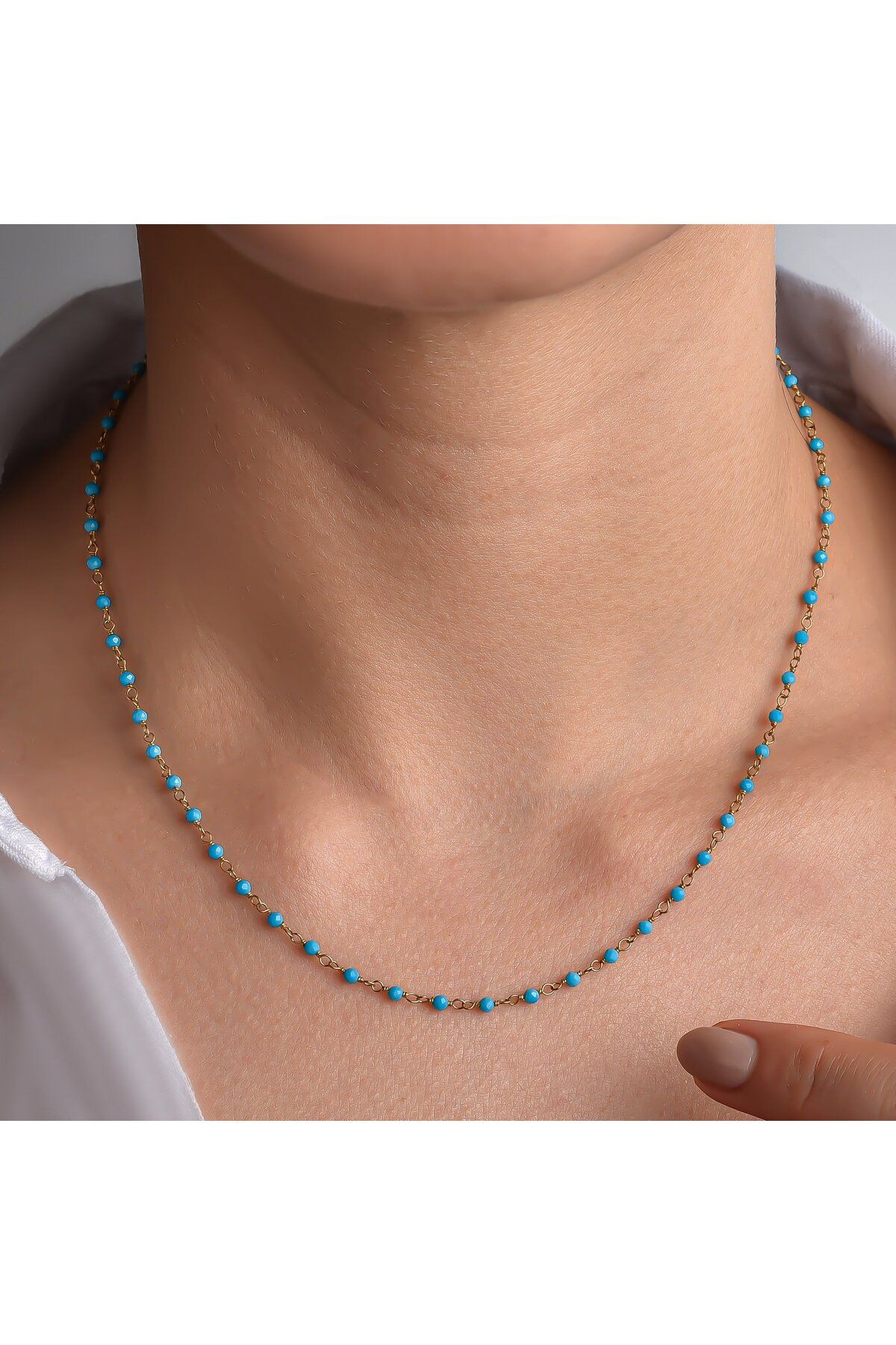 Nox Jewelry 14 Ayar Altın Kaplama Turkuaz Renkli Doğal Taş El Yapımı Gümüş Kolye - CNS00627