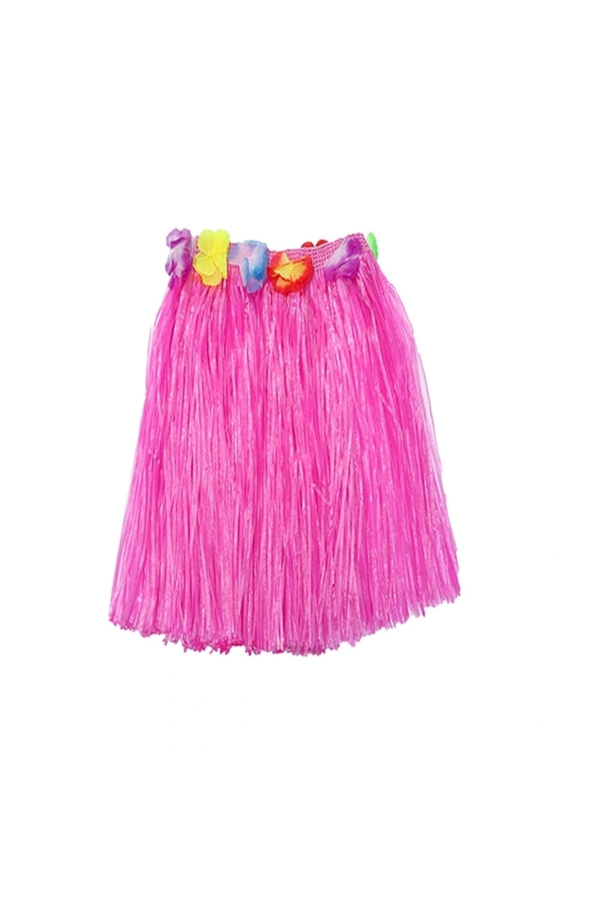 OurStyles Yetişkin ve Çocuk Uyumlu Pembe Renk Püsküllü Hawaii Luau Hula Etek 40 cm