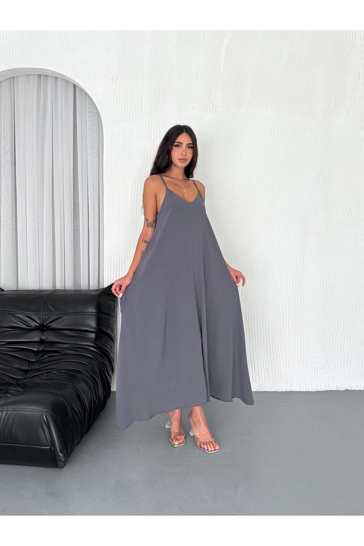 SBL COLLECTİON Askılı Uzun Yandan Cepli Kadın Elbise