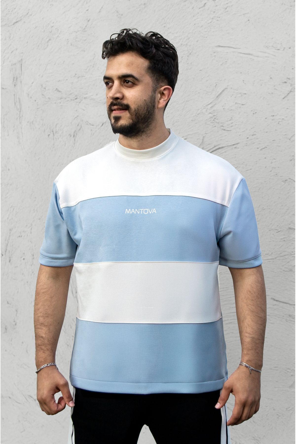 mantova Skyline Oversize Erkek T-shirt – Baby Blue & White