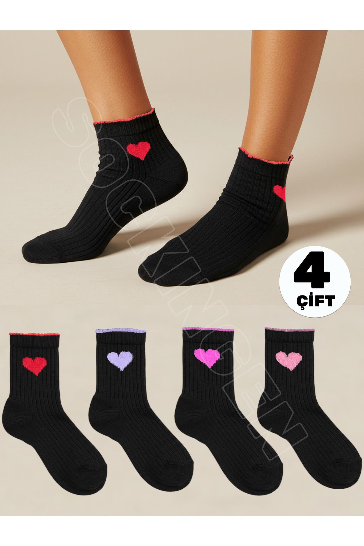 Sockingen 4 Çift Kadın Kalpli Kolej Çorap - Fitilli ve Puantiyeli