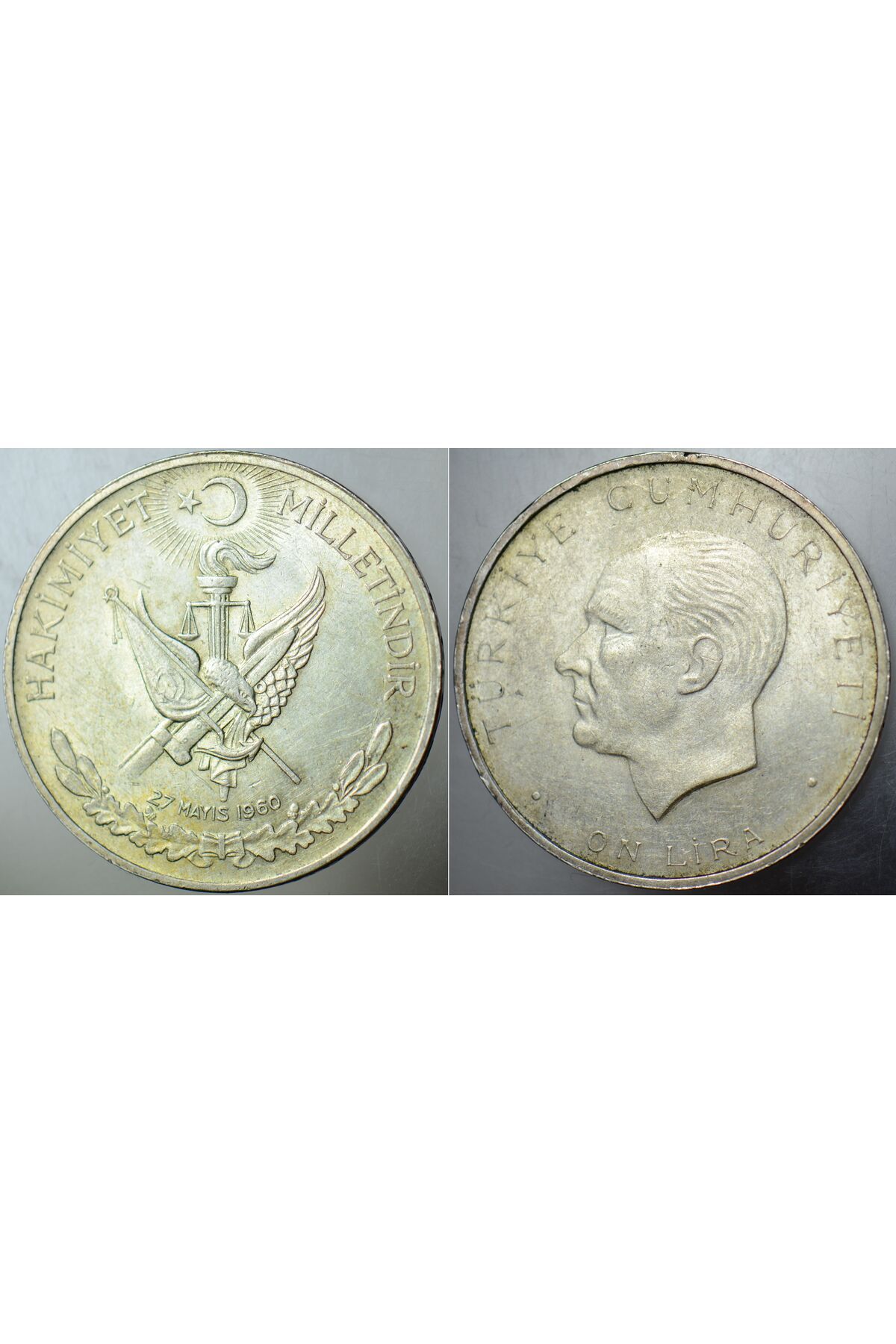 Banknoting TÜRKİYE CUMHURİYETİ GÜMÜŞ 10 LİRA 27 MAYIS 1960 İHTİLAL. 15 GRAM. ÇİLALTI++ KONDİSYON.