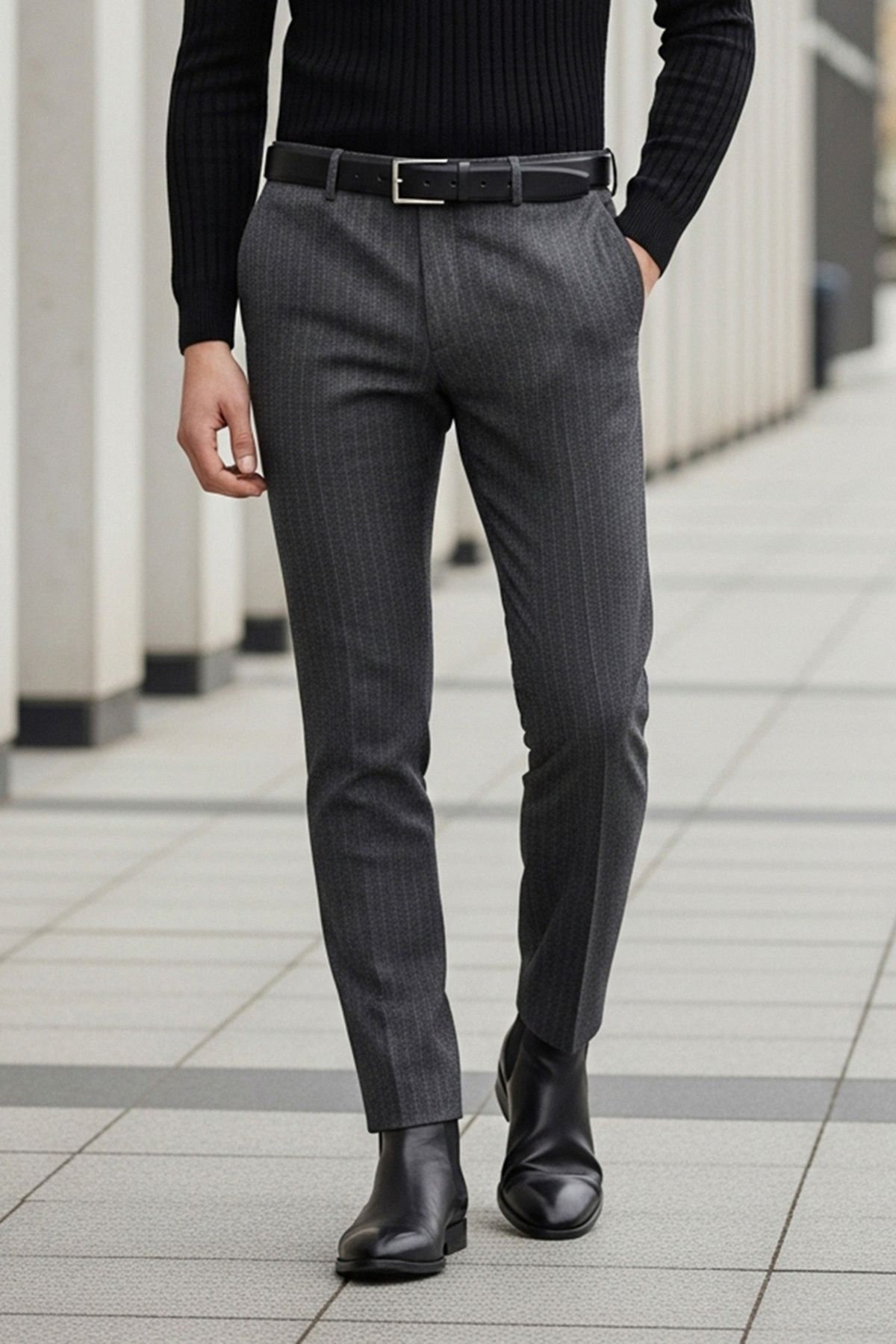 Trendyol Collection Spodnie Chino W Paski W Kolorze Antracytowym, Dopasowane, Włoski Krój, Mężczyzna - 46