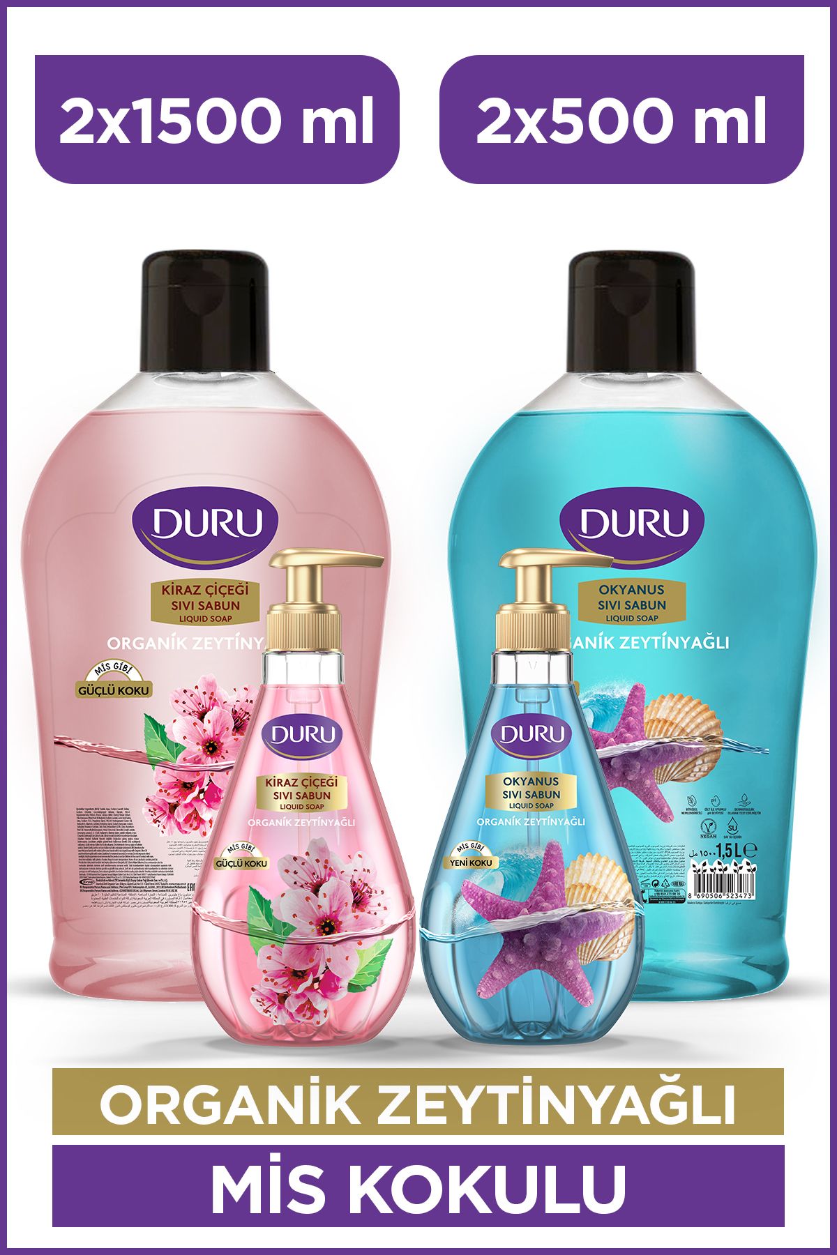 Duru Organik Zeytinyağlı Kiraz Çiçeği & Okyanus Sıvı Sabun Seti 2x1,5 Lt - 2x500 Ml