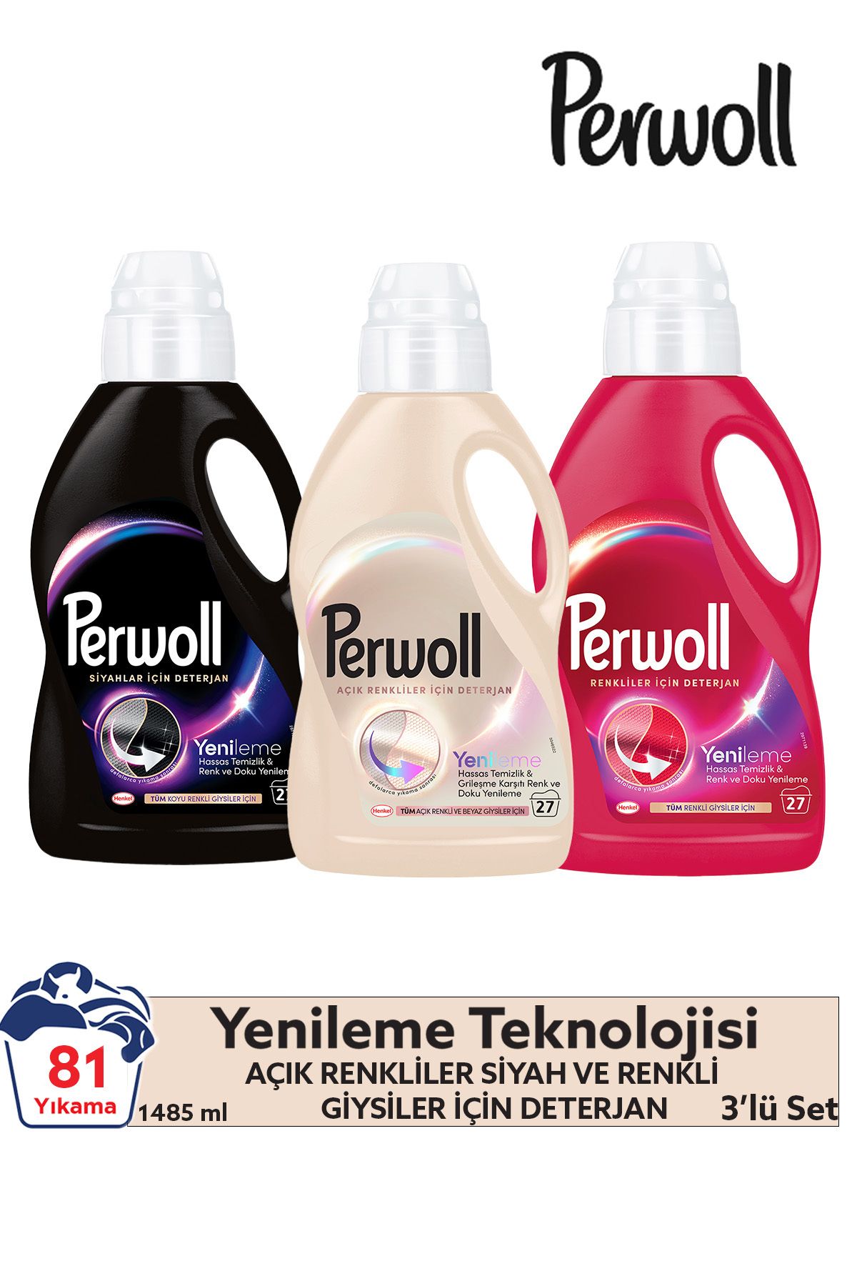 Yenileme Siyah, Renkli ve Açık Renkler Sıvı Deterjan 1.485L (3'lü Set) – Güçlü Temizlik