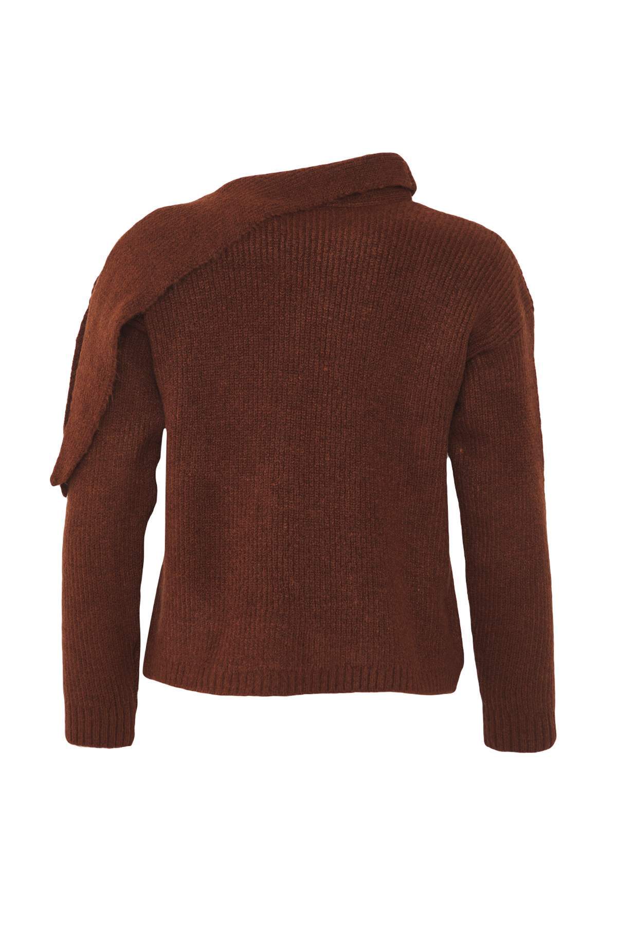 Trendyolmilla  Kahverengi Şal Yaka Detaylı Triko Kazak TWOAW26KZ00031 - Görsel 6