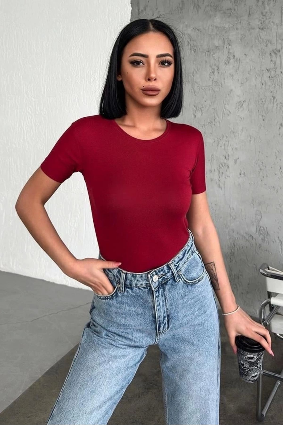 OurStyles Rahat Ve Şık Kısa Kollu Bisiklet Yaka Likralı Viskon Penye Body Bordo