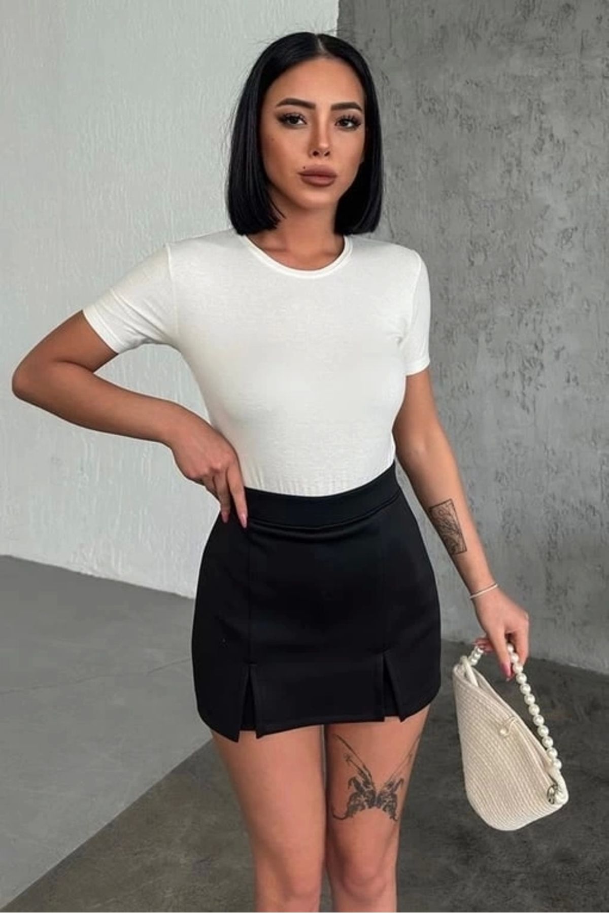 OurStyles Rahat Ve Şık Kısa Kollu Bisiklet Yaka Likralı Viskon Penye Body Ekru