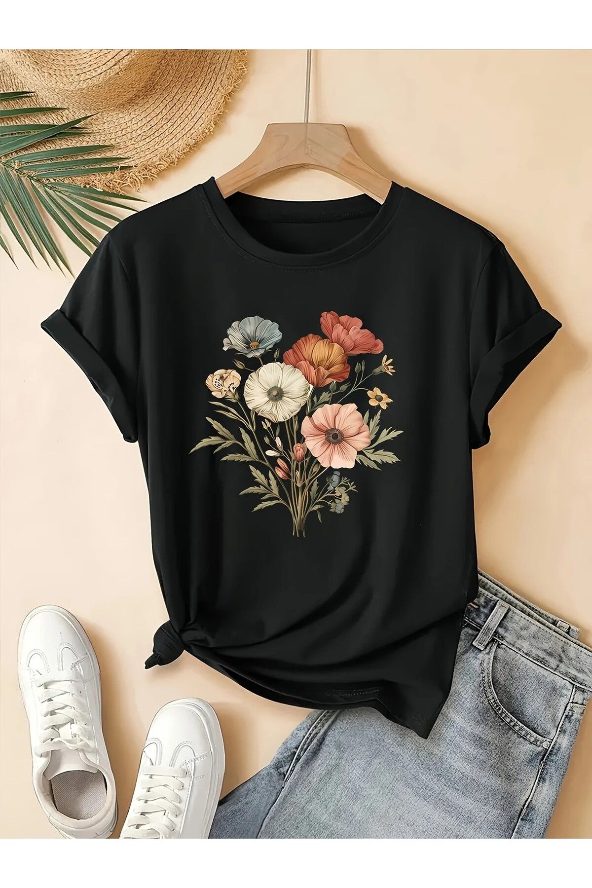 LEIVOR Retro çiçek Baskılı Kadın T-shirt