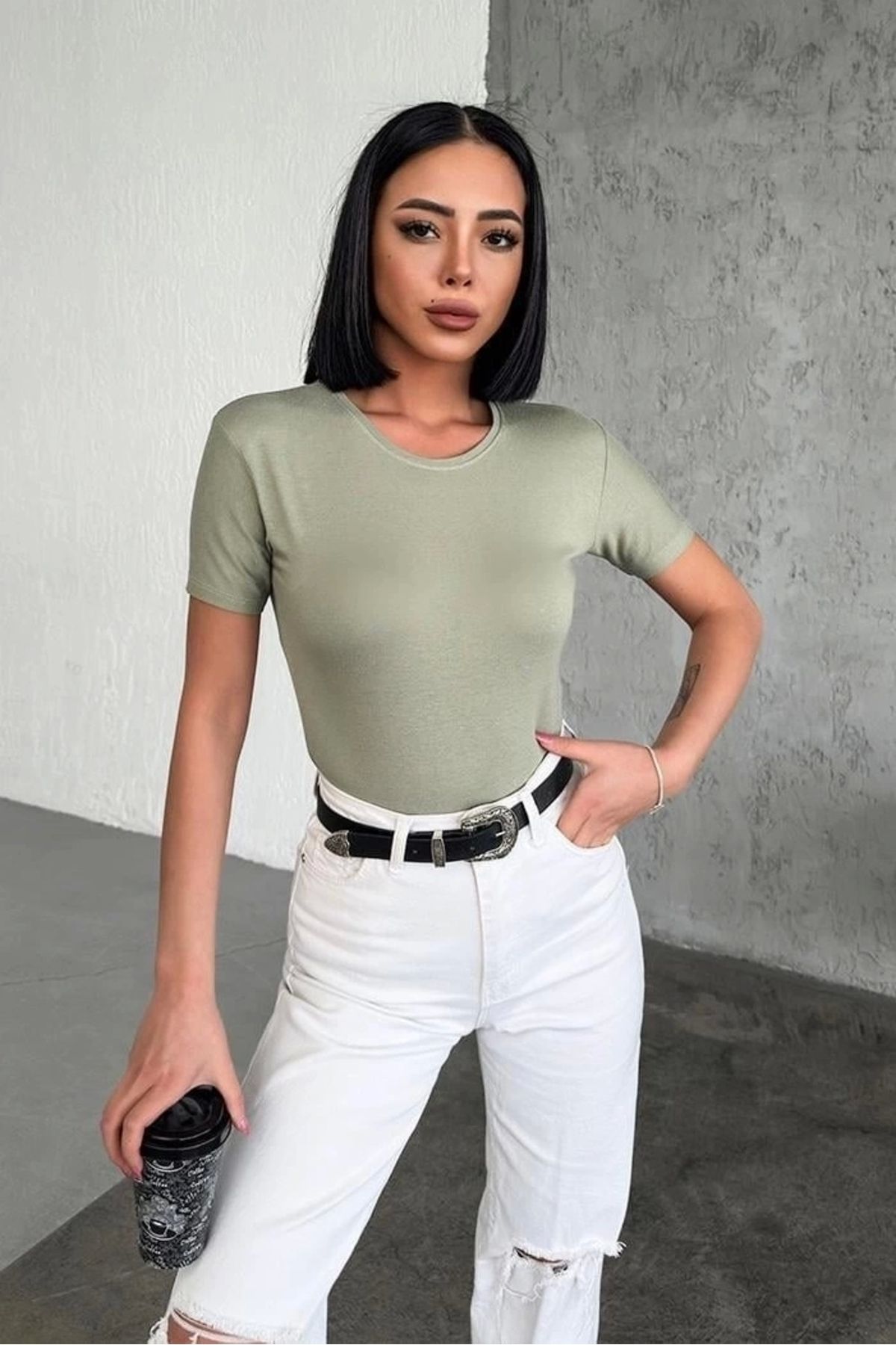 OurStyles Rahat Ve Şık Kısa Kollu Bisiklet Yaka Likralı Viskon Penye Body Bebe Haki