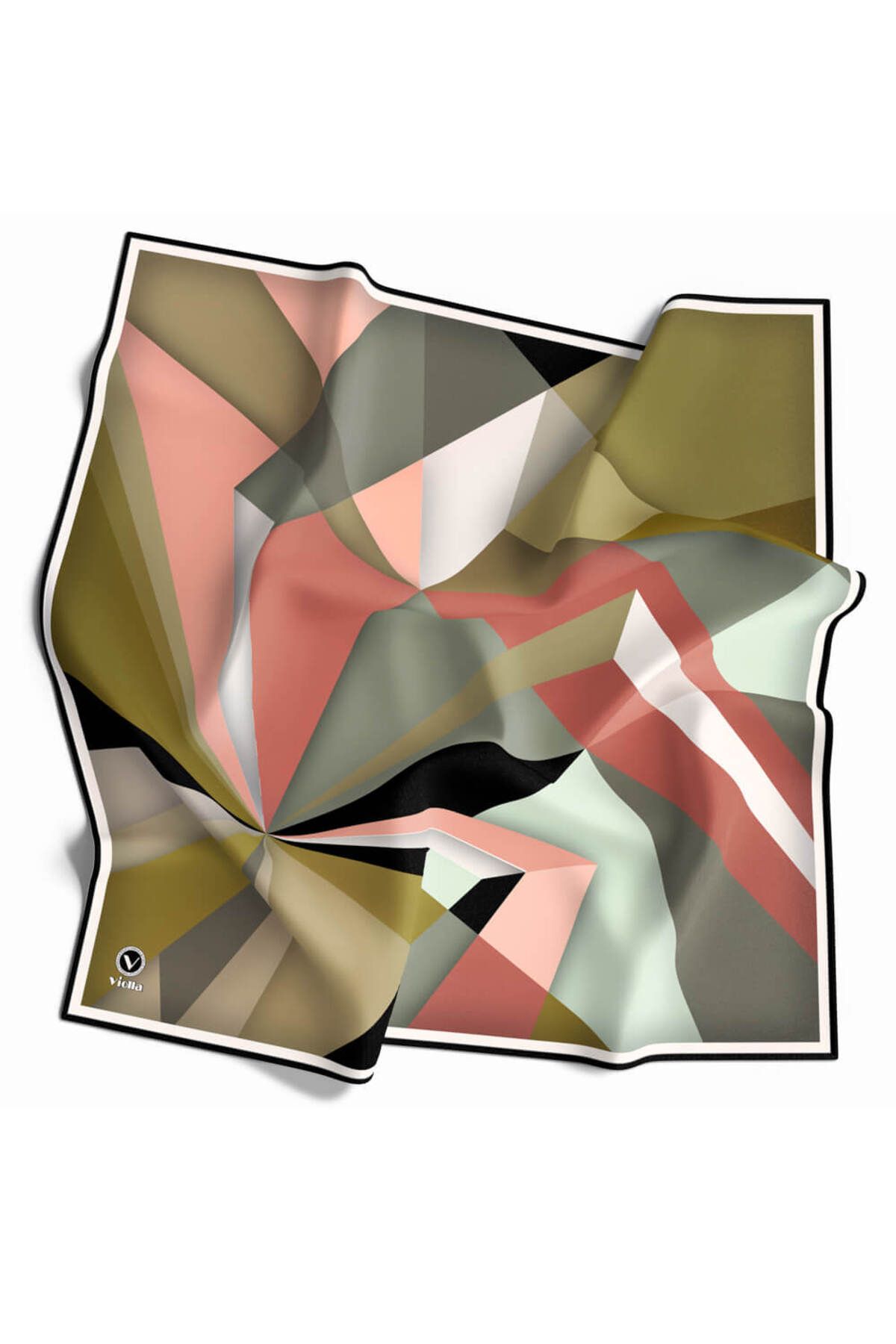 VİOLLA Twill Geometrik Desenli Haki Renkli 90x90 Eşarp (İpek İçermez) Kenar Dikiş Şekli El Dikişli