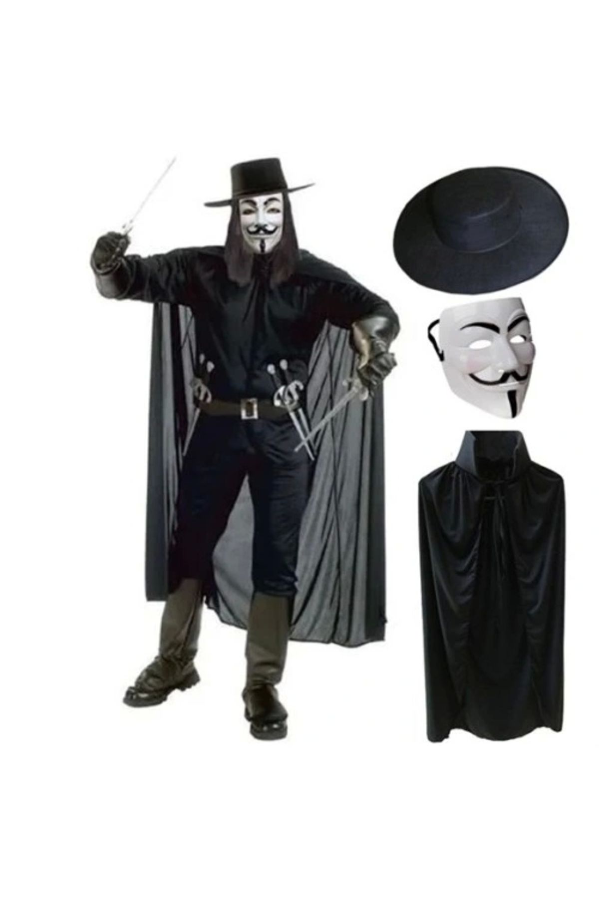 ShopNova V For Vendetta Maskesi Şapka Pelerin Seti