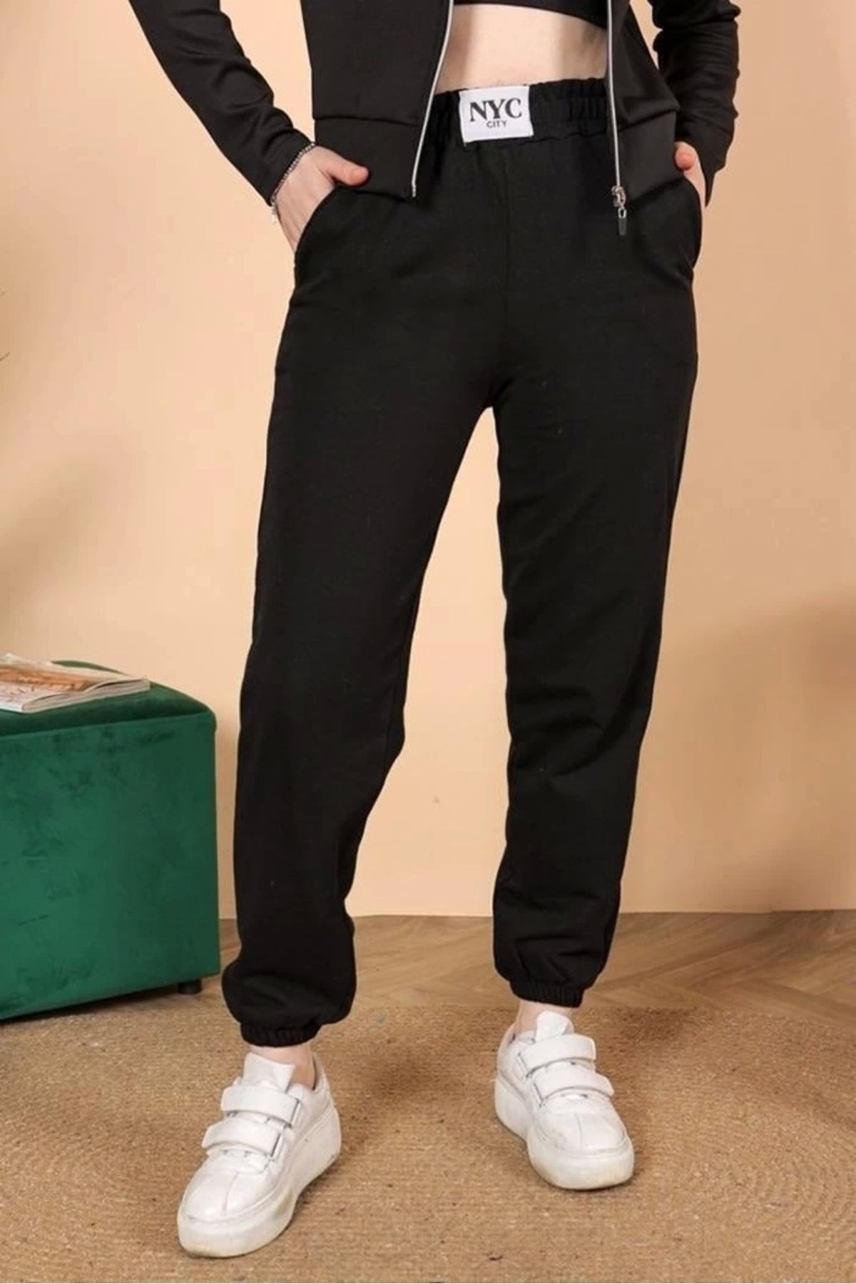 OurStyles Rahatlığın Şıklığı Tarz Siyah Paçası Lastikli Eşofman Altı