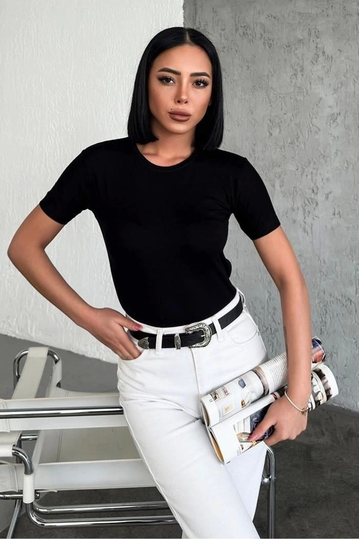 OurStyles Rahat Ve Şık Kısa Kollu Bisiklet Yaka Likralı Viskon Penye Body Siyah