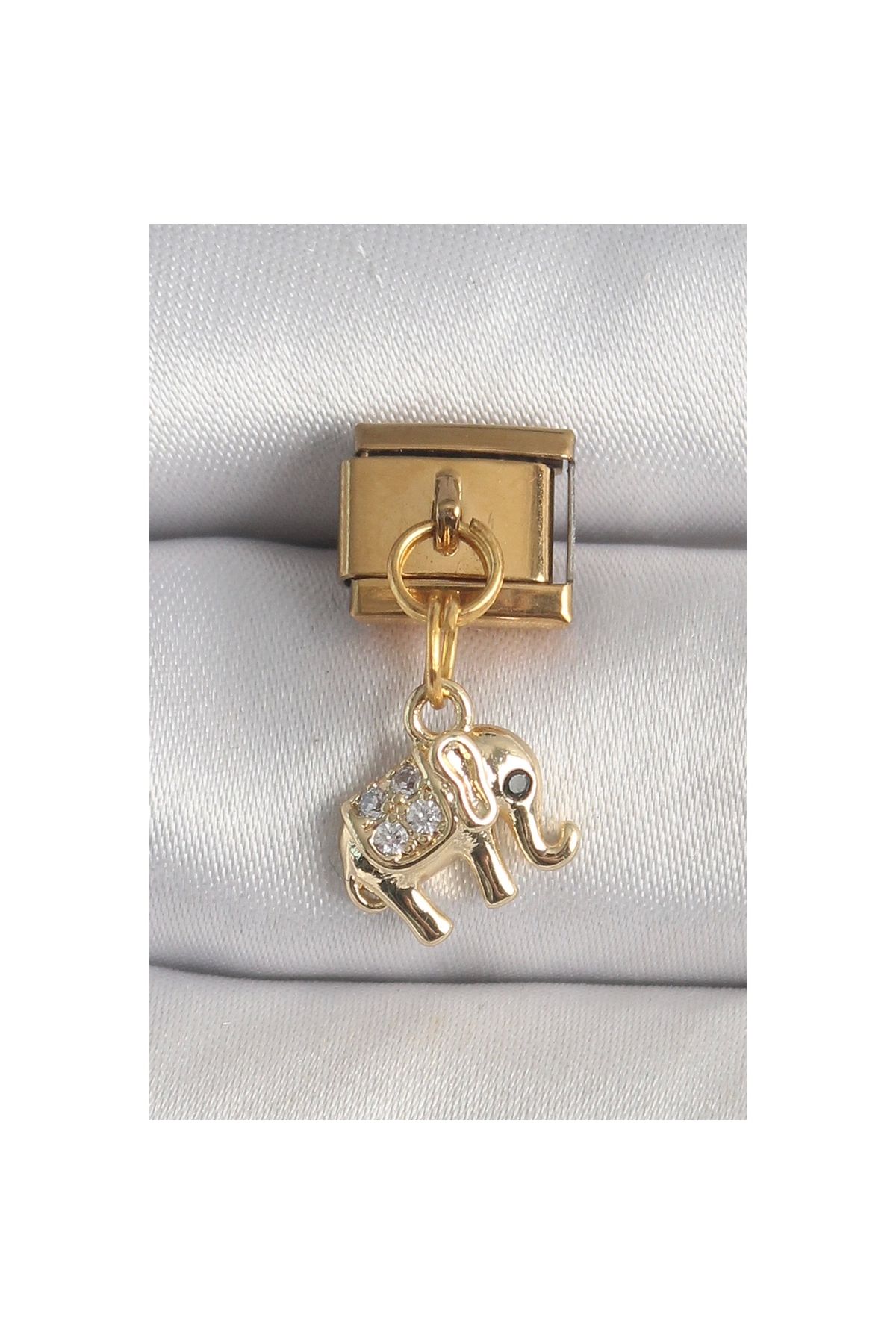 Marsilyan 316L Çelik Gold Renk Sallantı Zirkon Taşlı Fil Model Nomination Charm