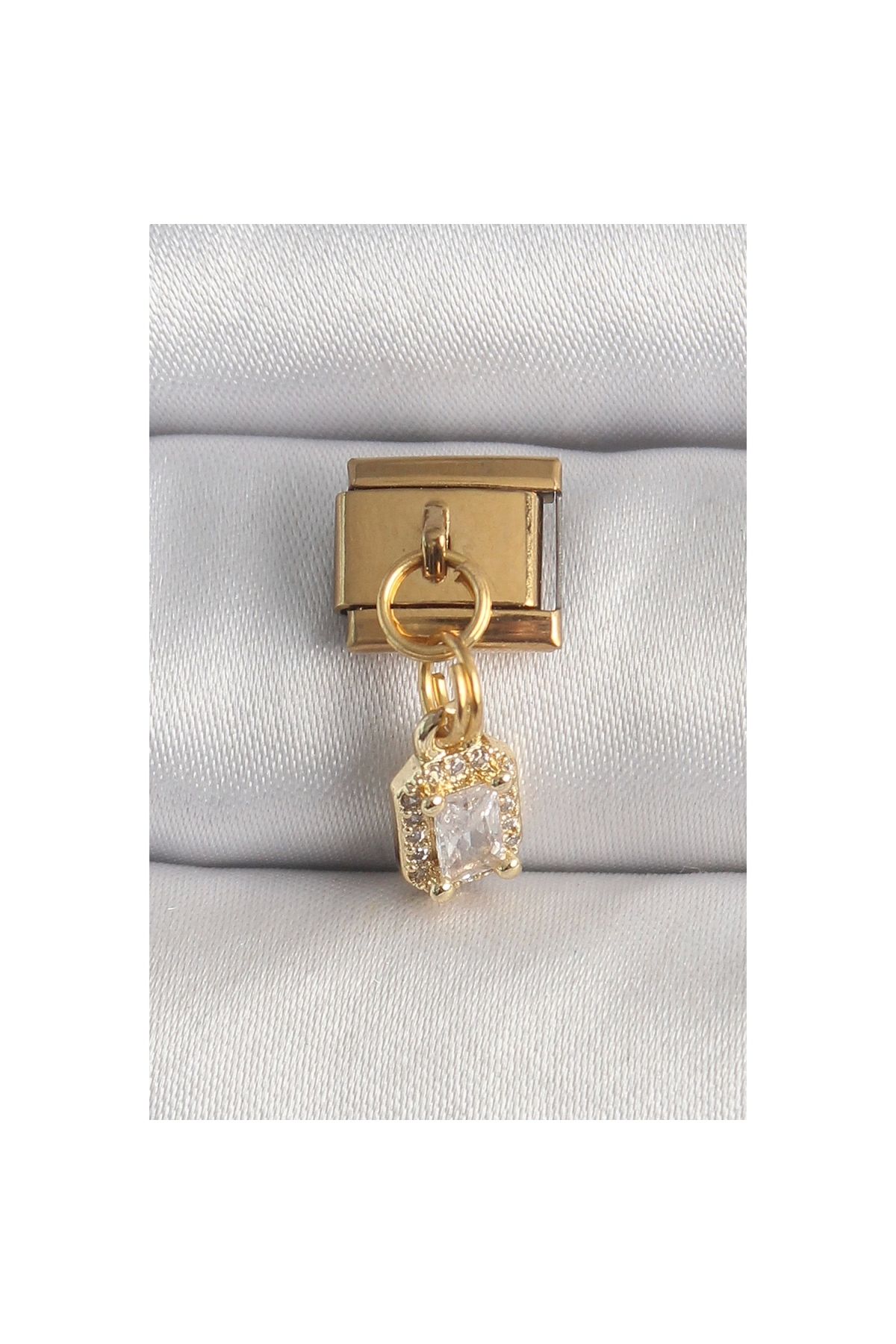 Marsilyan 316L Çelik Gold Renk Sallantı Zirkon Taşlı Kare Model Nomination Charm - TJ-BC1348