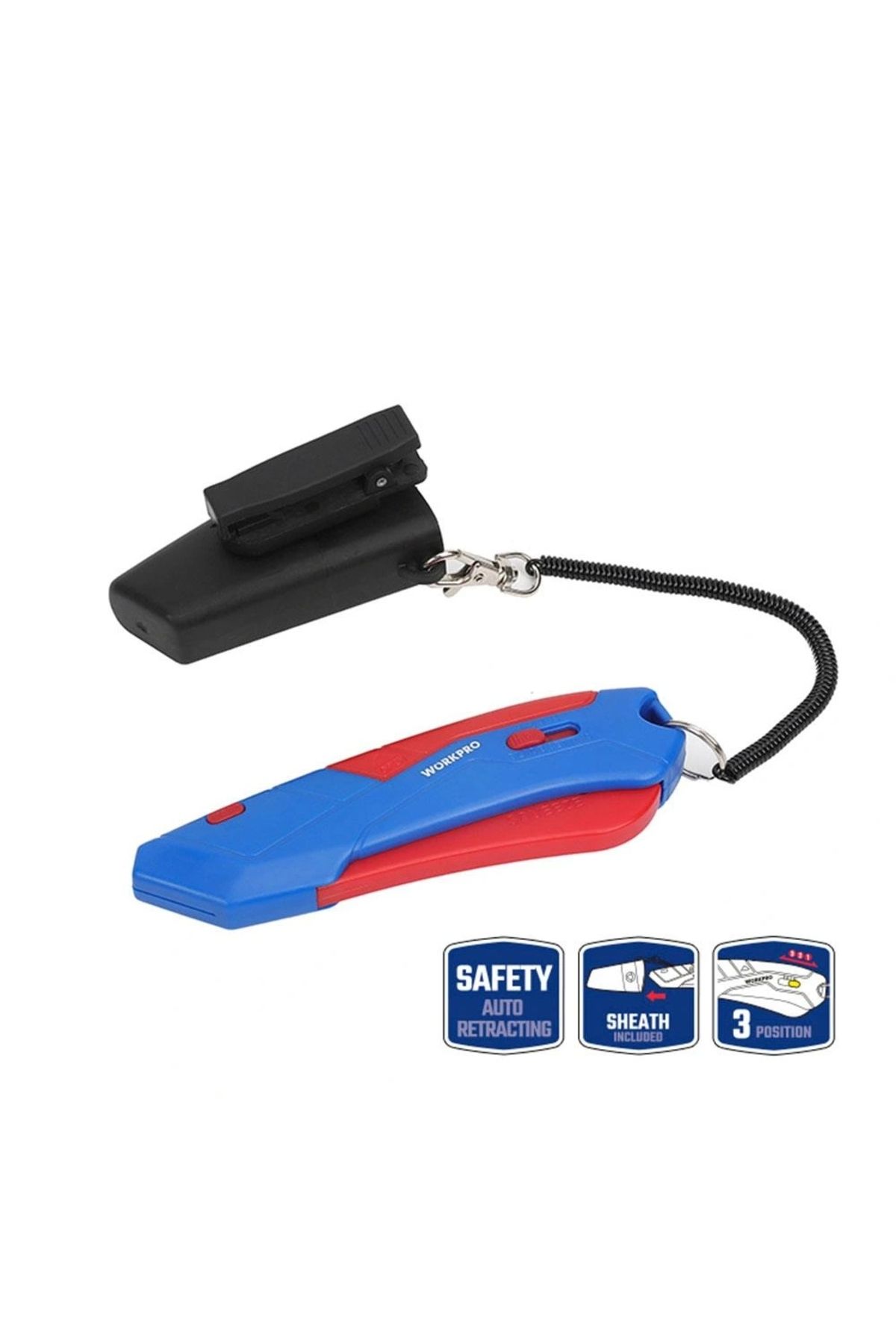 ShopNova WORKPRO WP213010 Kemer Askı Kancalı Otomatik Geri Çekilebilir Mandallı Rötuş Maket Bıçağı + 3 Adet Y
