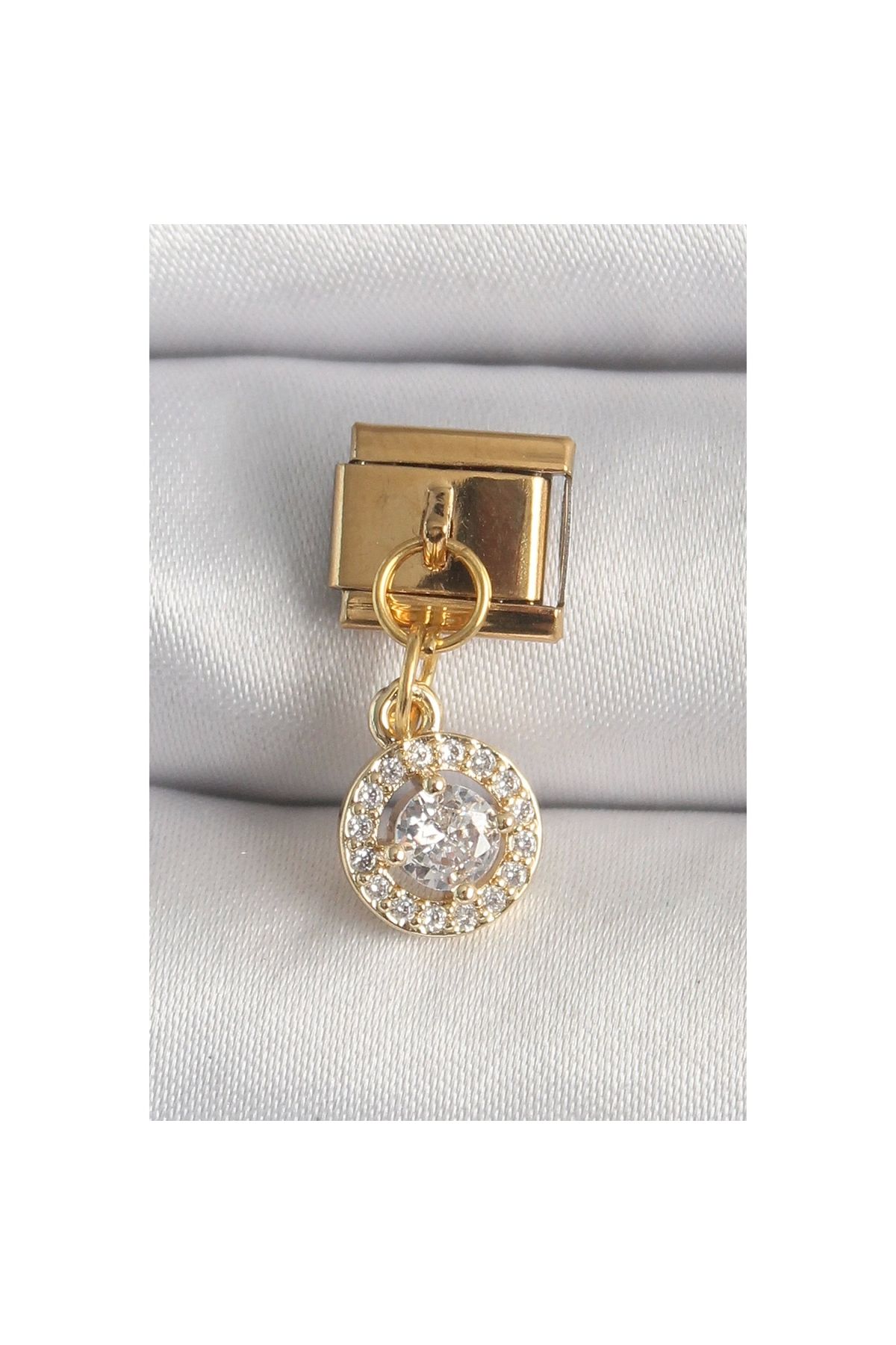 Marsilyan 316L Çelik Gold Renk Sallantı Daire Zirkon Taşlı Nomination Charm - TJ-BC1342