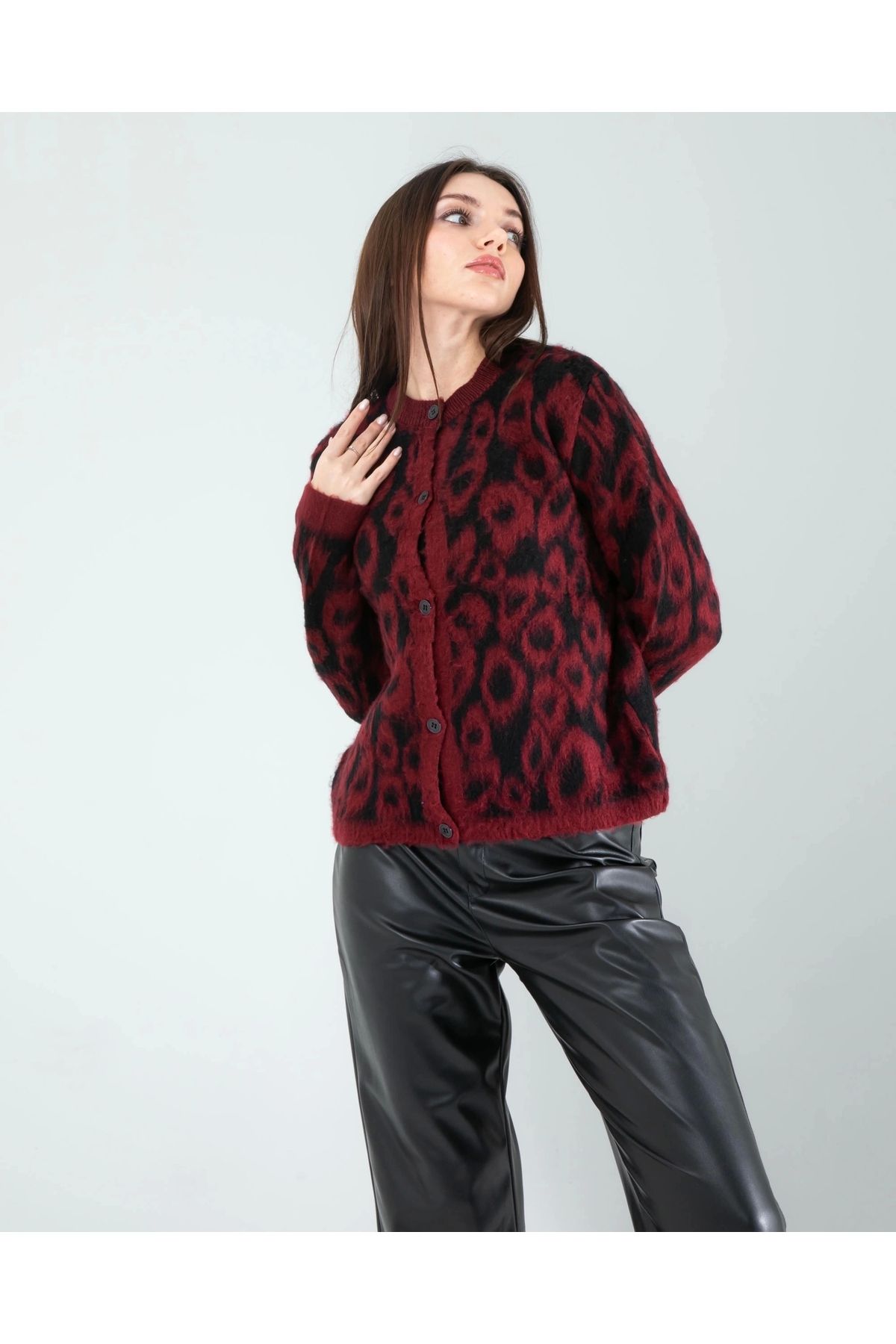 OurStyles Kırmızı Leopar Desen Sakal Triko Hırka