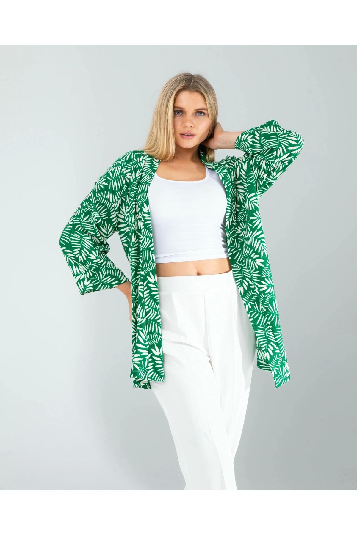 OurStyles Çiçek Desen Yeşil Kimono