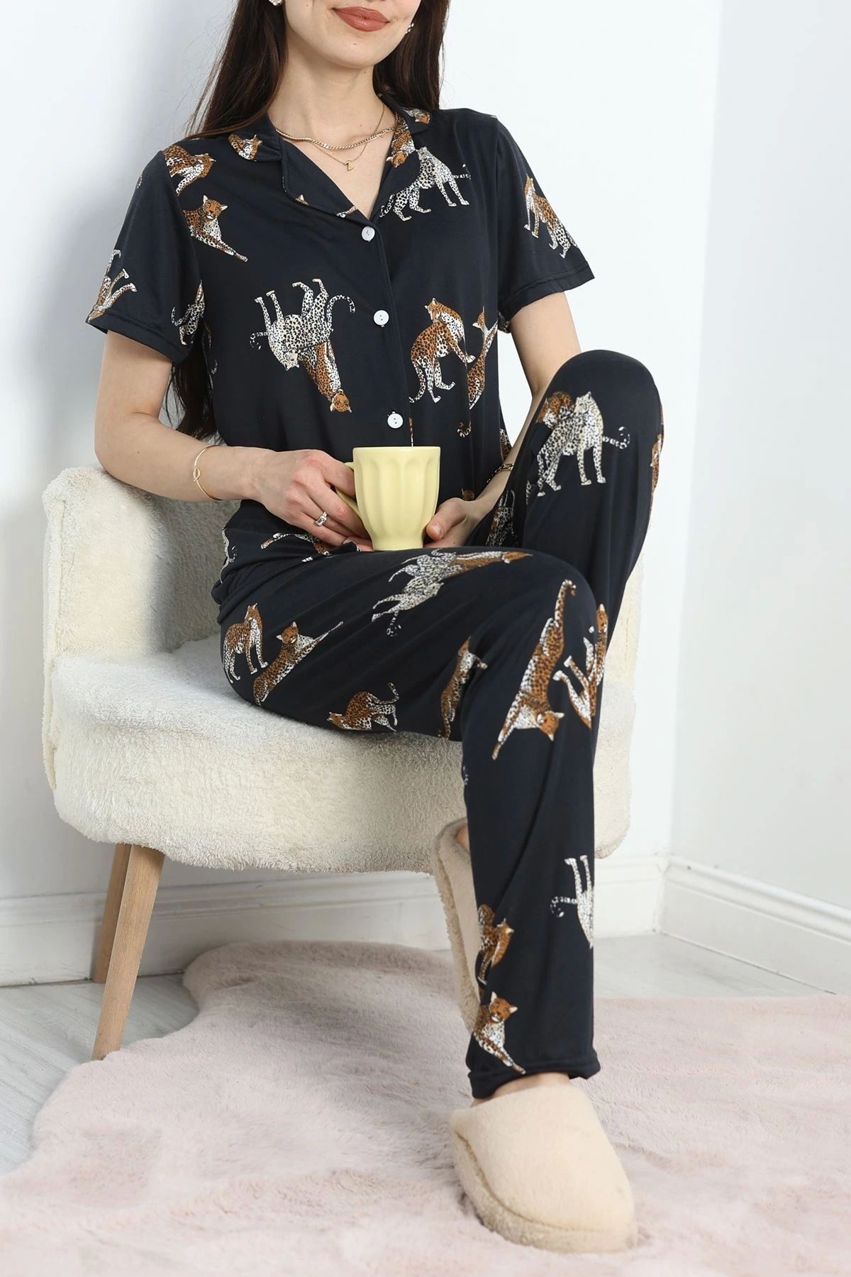 OurStyles Milan Kumaş Düğmeli Pijama Takımı Siyahay - 50145.1857.