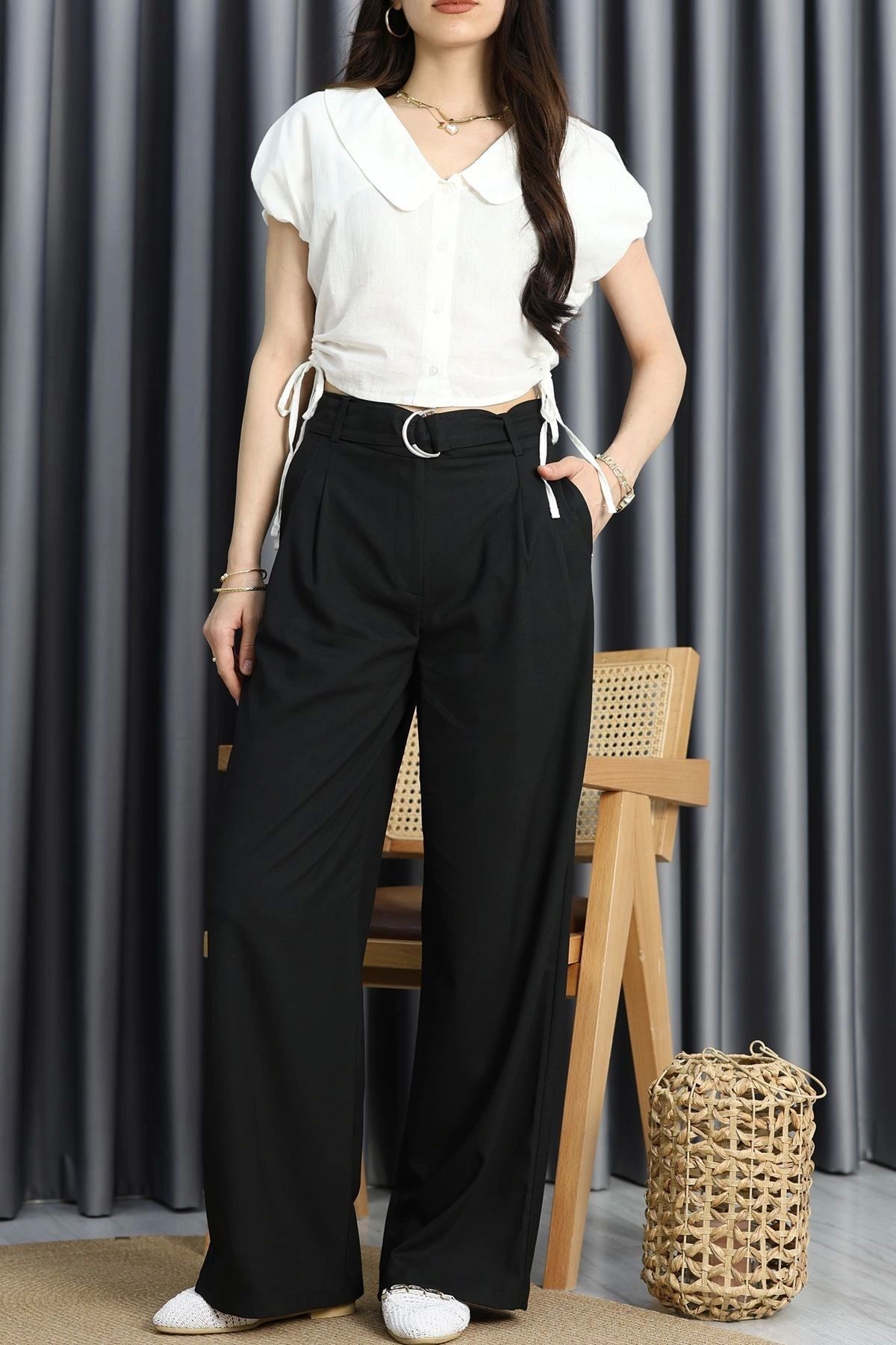 OurStyles Bisou Poliviskon Kemer Detaylı Palazzo Pantolon Taş - 30674.1437.