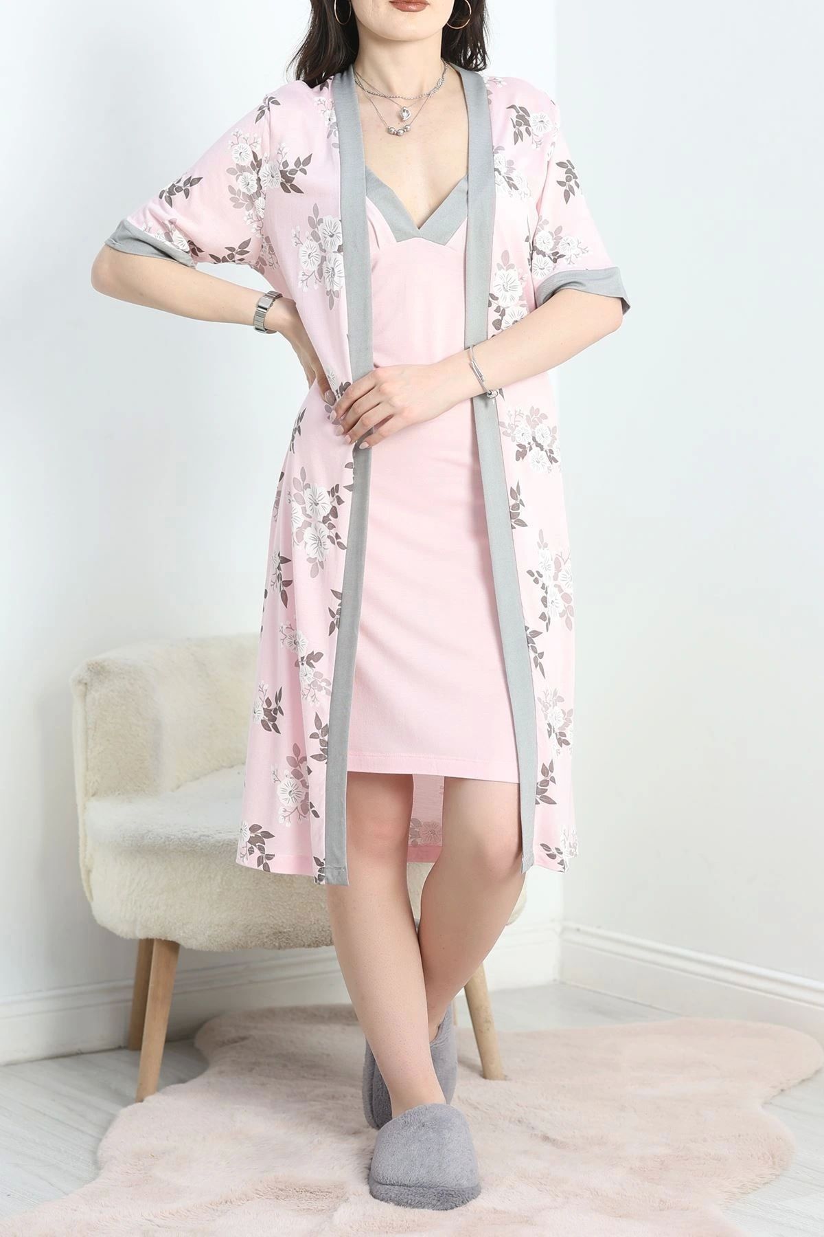 OurStyles 2'Li Sabahlık Viskon Gecelik Elbise Pembebeyaz - 60022.1927.