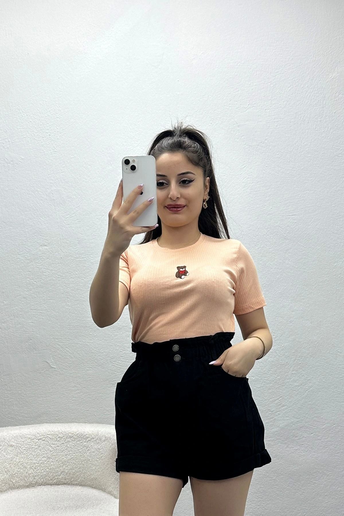 OurStyles Bisiklet Yaka Nakışlı Pamuk Kaşkorse Tişört Siyah - 70605.1878.