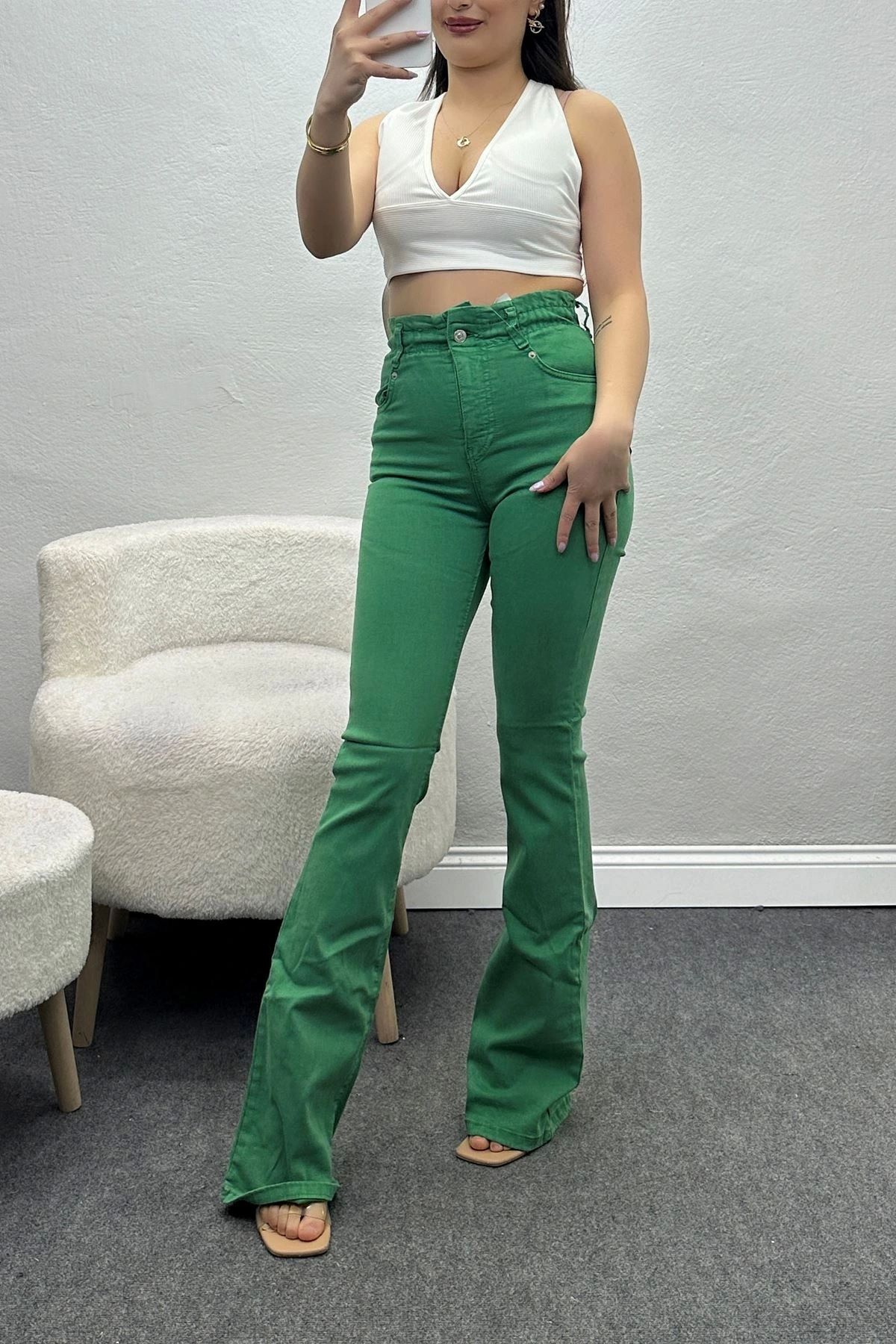 OurStyles Beli Lastikli İspanyol Paça Kot Pantolon Yeşil - 30753.1966.