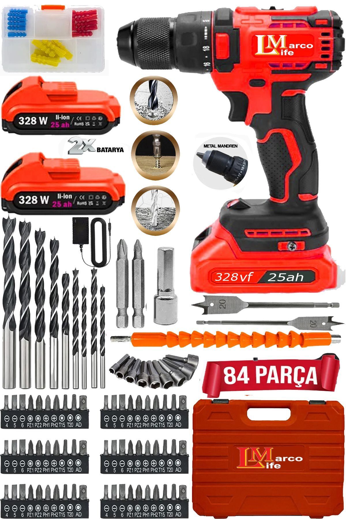MARCO LİFE Germany Plus-pro 328vf 25ah Çelik Kafa 84pcs Set Hediyeli Darbeli Delme Vidalama Matkap