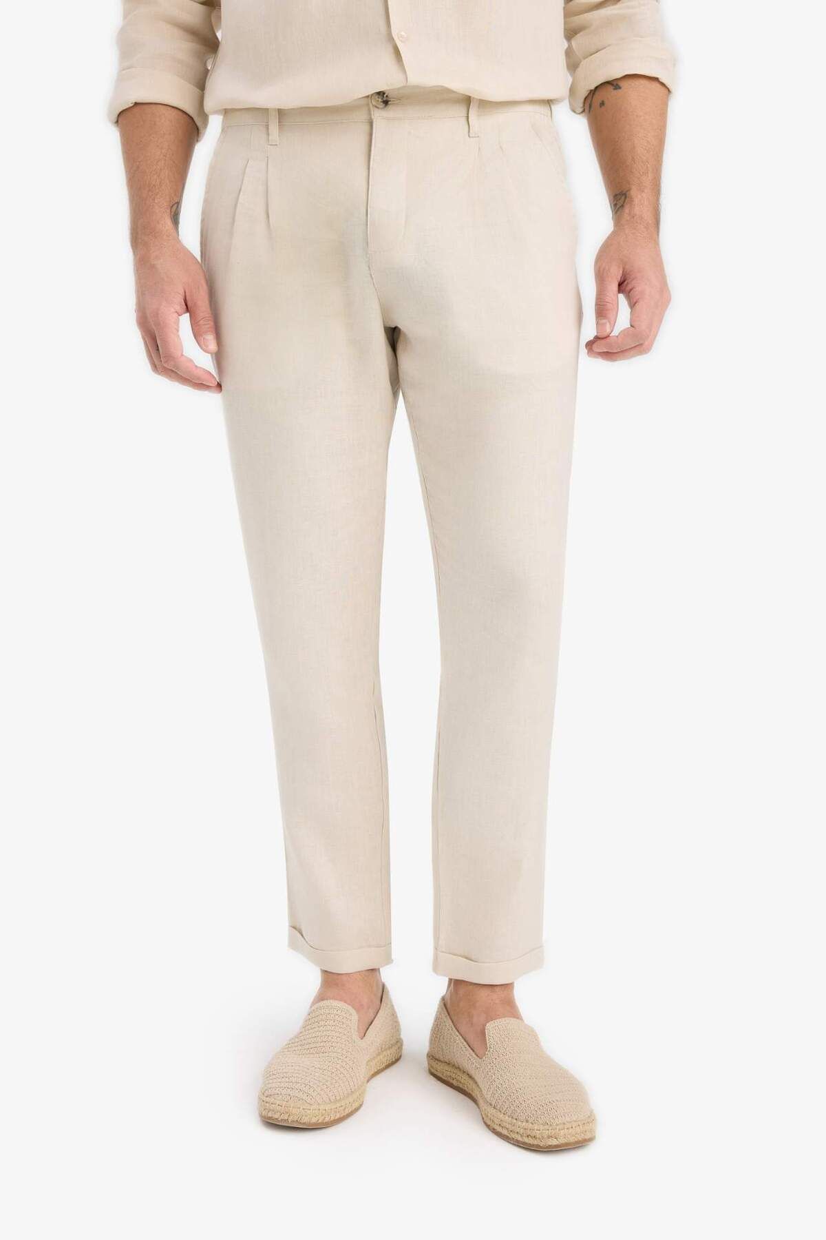DeFacto %100 Keten Normal Kesim Crop Duble Paça Yazlık Beyaz Kumaş Pantolon C1826AX25SM