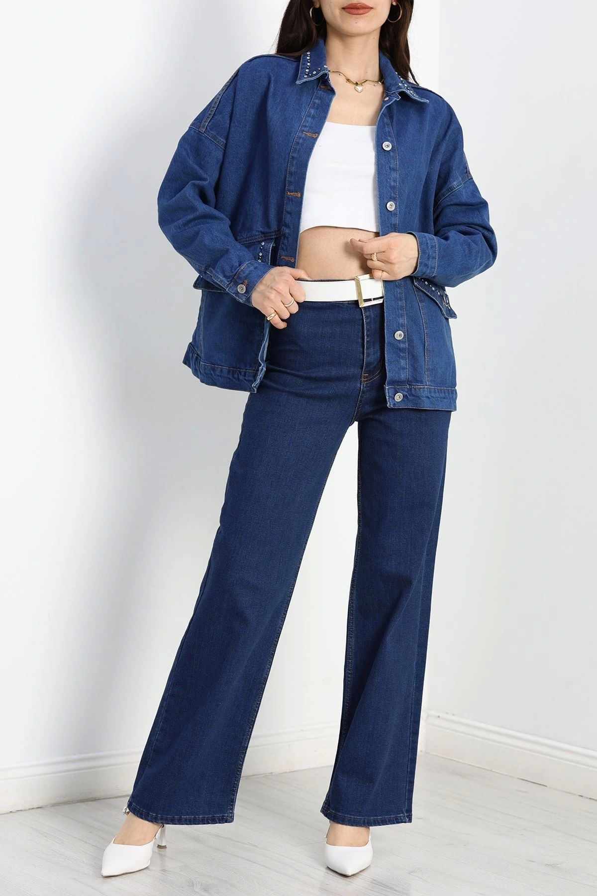 OurStyles Yakası Taşlı Kot Ceket Koyumavi - 20387.1778.