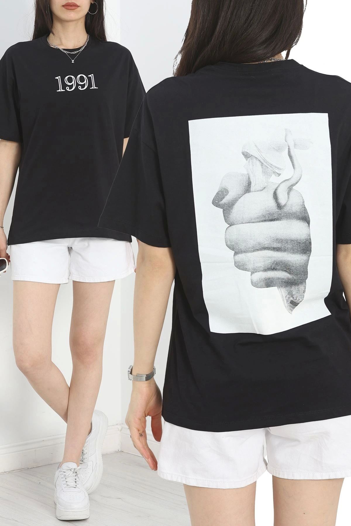 OurStyles Baskılı Oversize Tişört Siyahgri - 40649.1872.