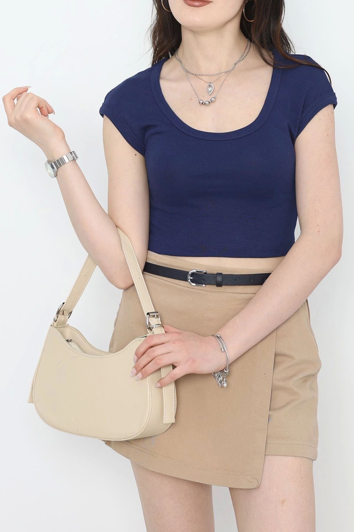 OurStyles Geniş Yaka Crop Bluz Ekru - 41251.1723.