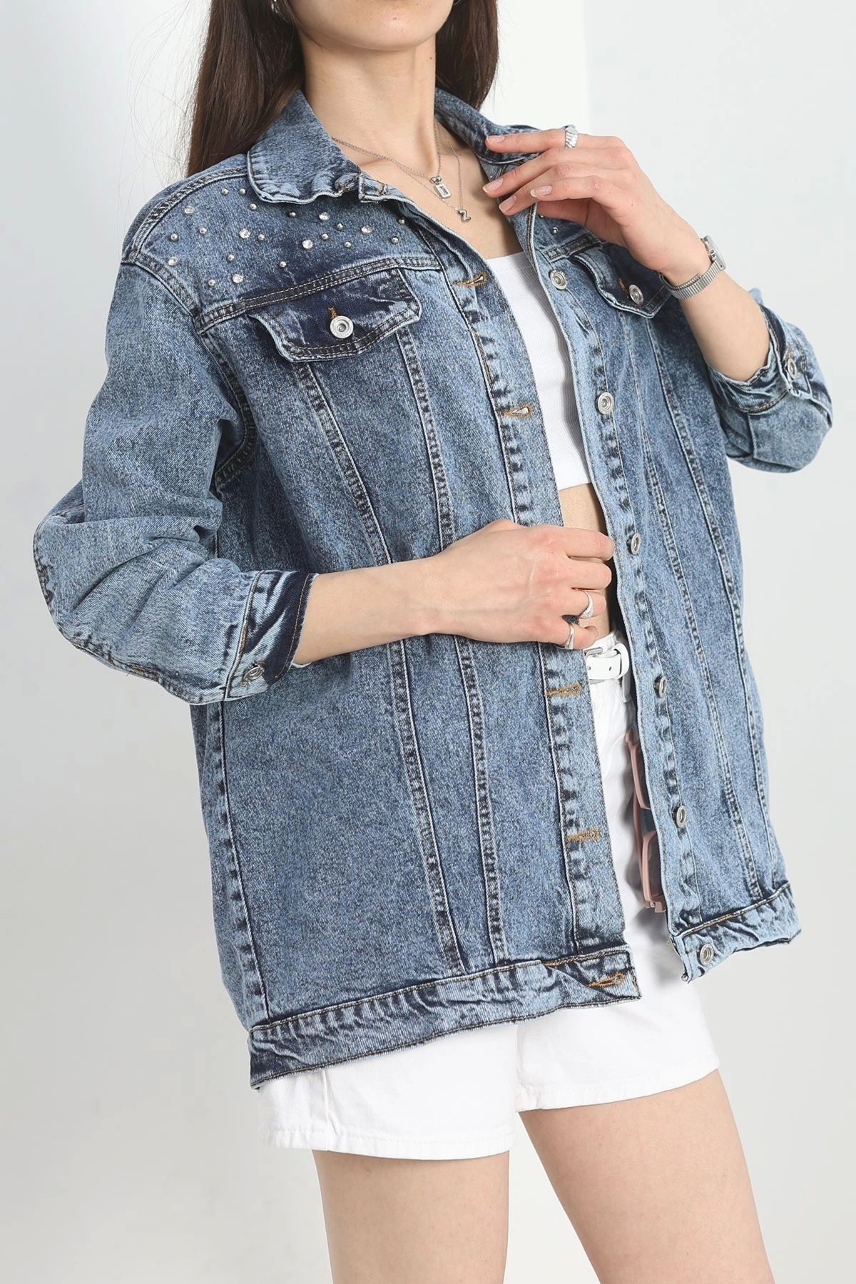 OurStyles Taşlı Kot Ceket Yeşiltint - 10003.1778.