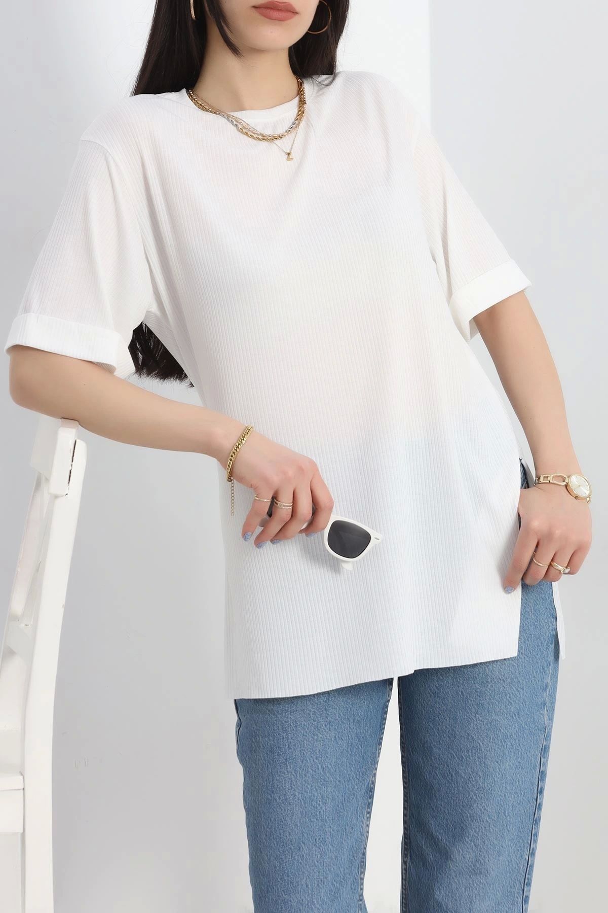 OurStyles Yan Yırtmaçlı Duble Kol Tişört Kırıkbeyaz - 18888.1247.