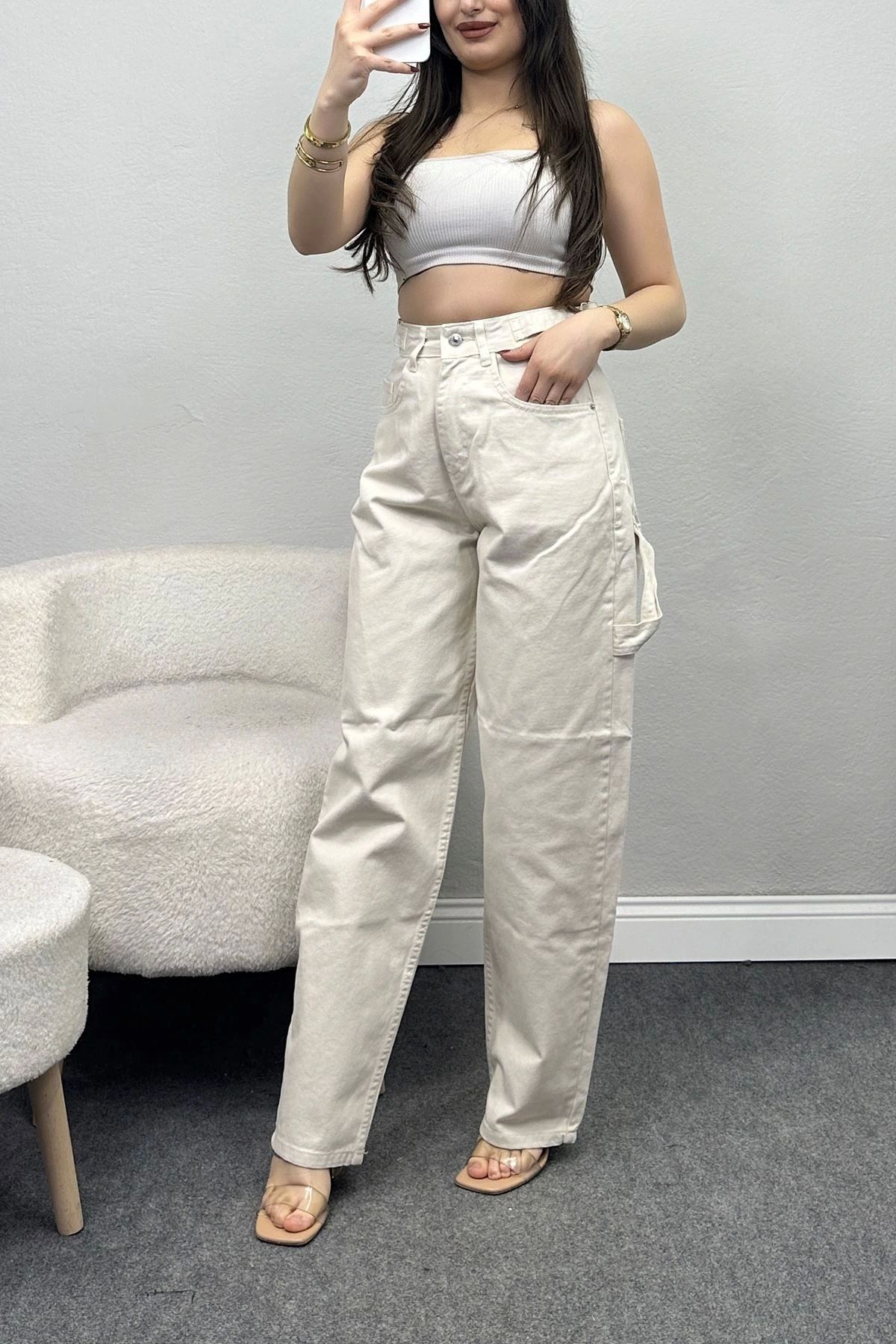 OurStyles Carpenter Detay Baggy Kot Pantolon Krem - 30536.1975.